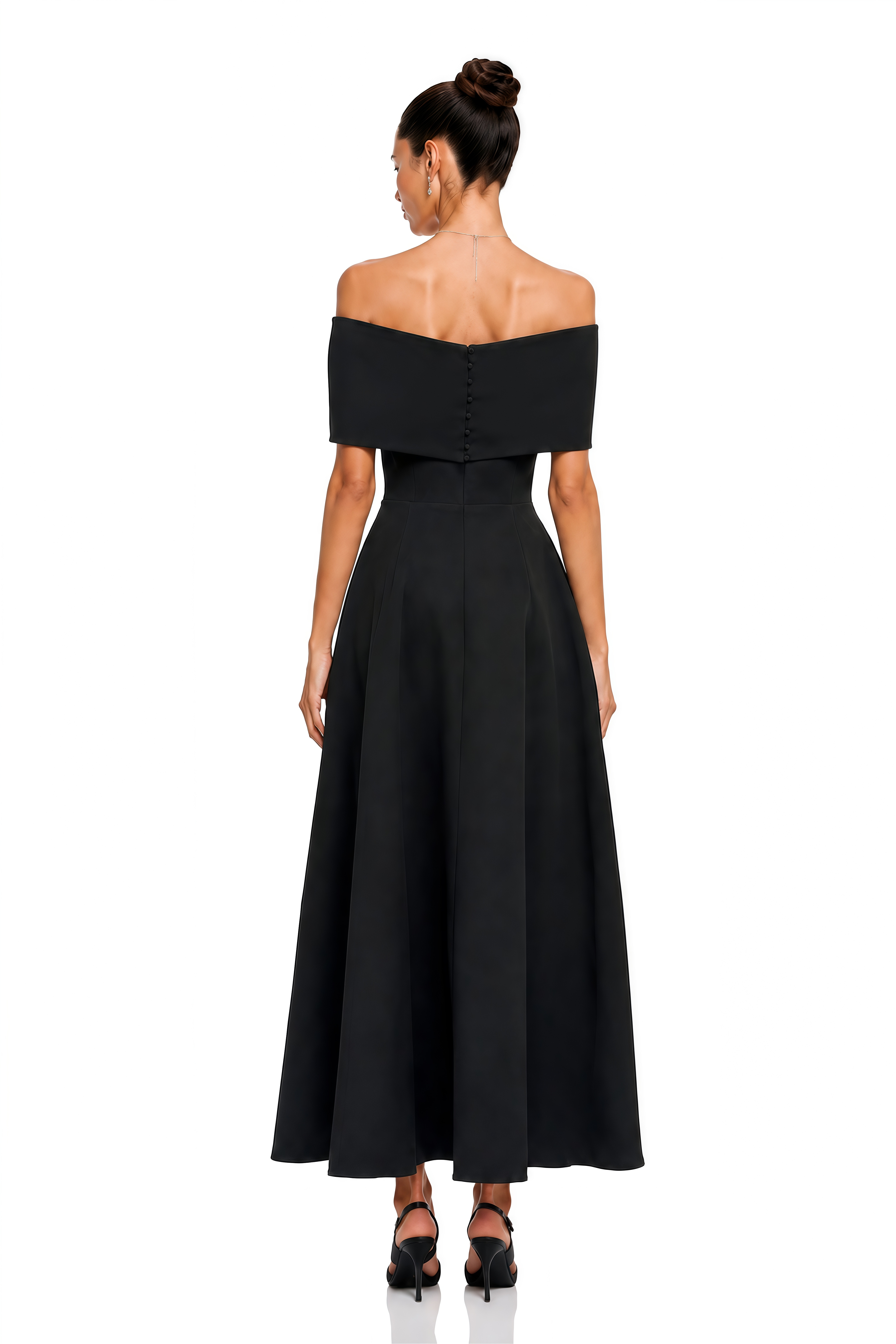 Gemma Black Off-Shoulder Bow-Detail Pleated Midi Dress