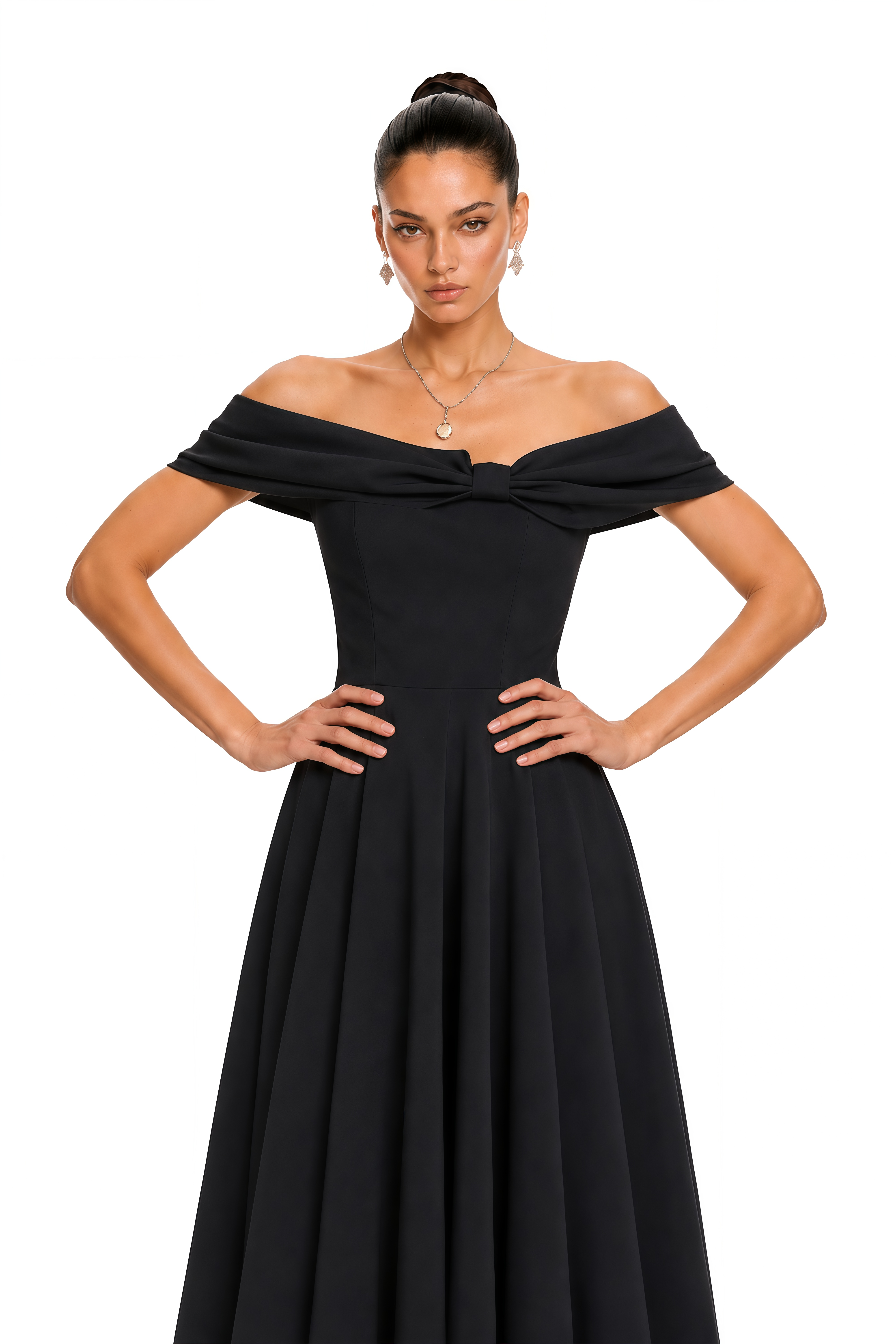 Gemma Black Off-Shoulder Bow-Detail Pleated Midi Dress