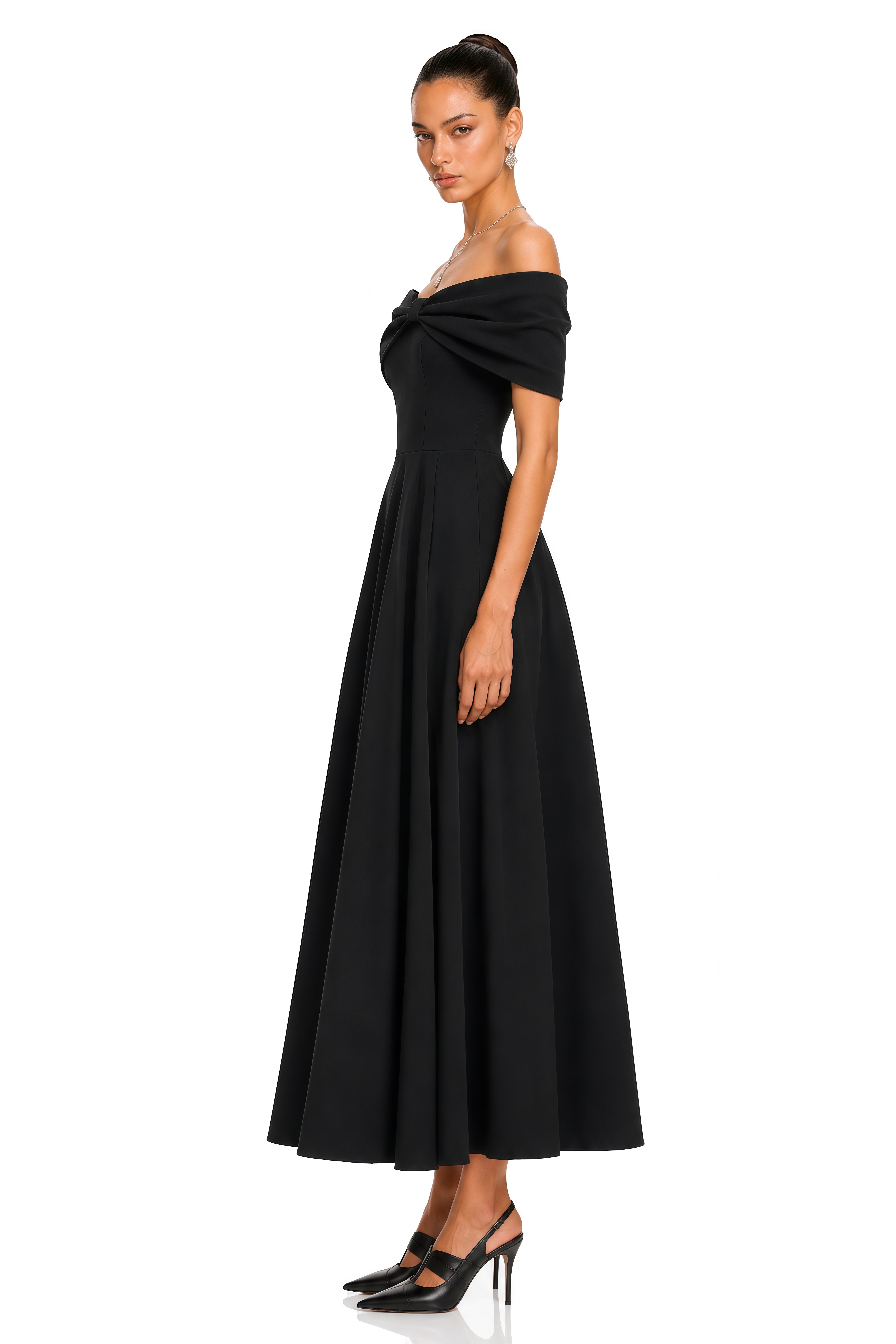 Gemma Black Off-Shoulder Bow-Detail Pleated Midi Dress