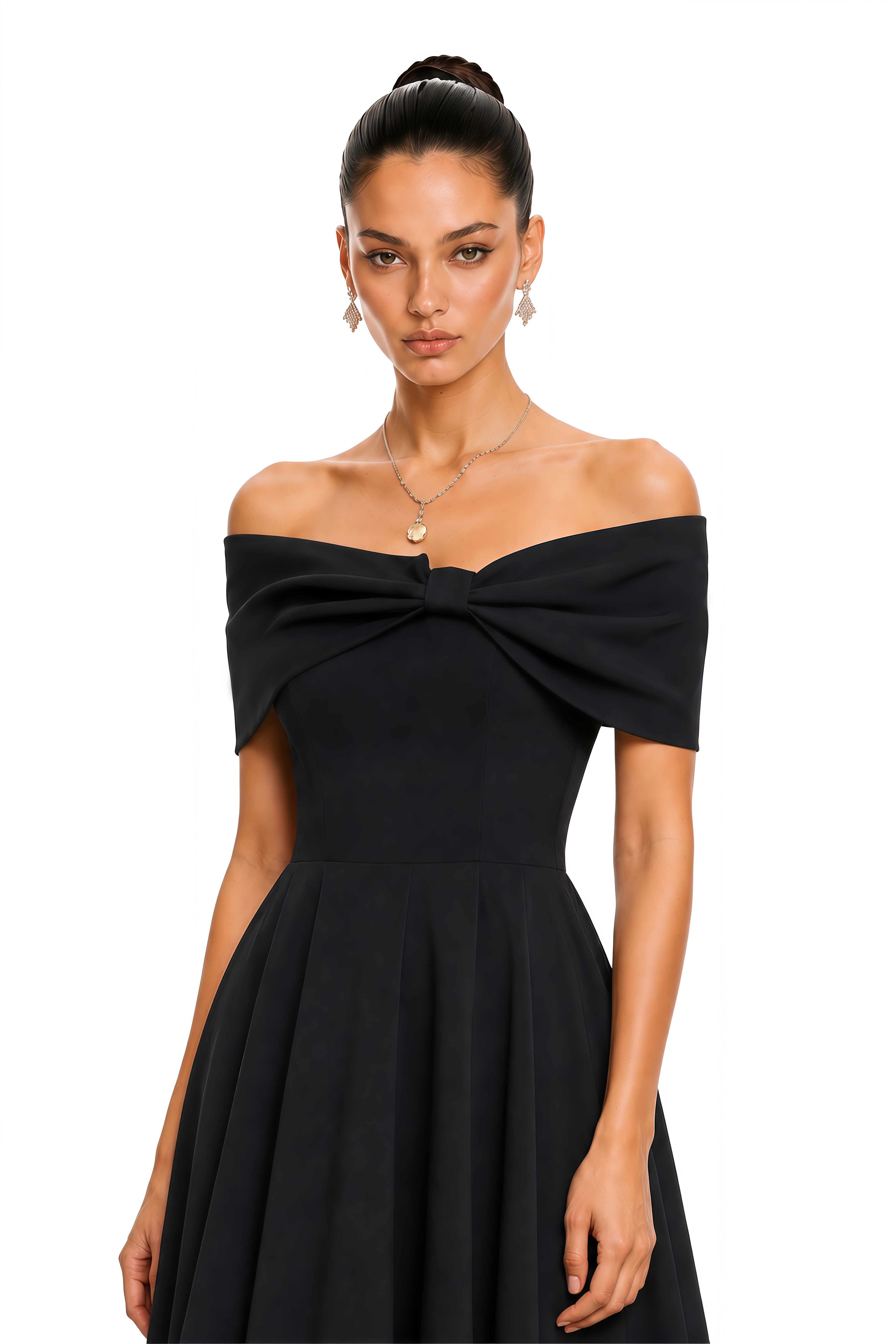 Gemma Black Off-Shoulder Bow-Detail Pleated Midi Dress