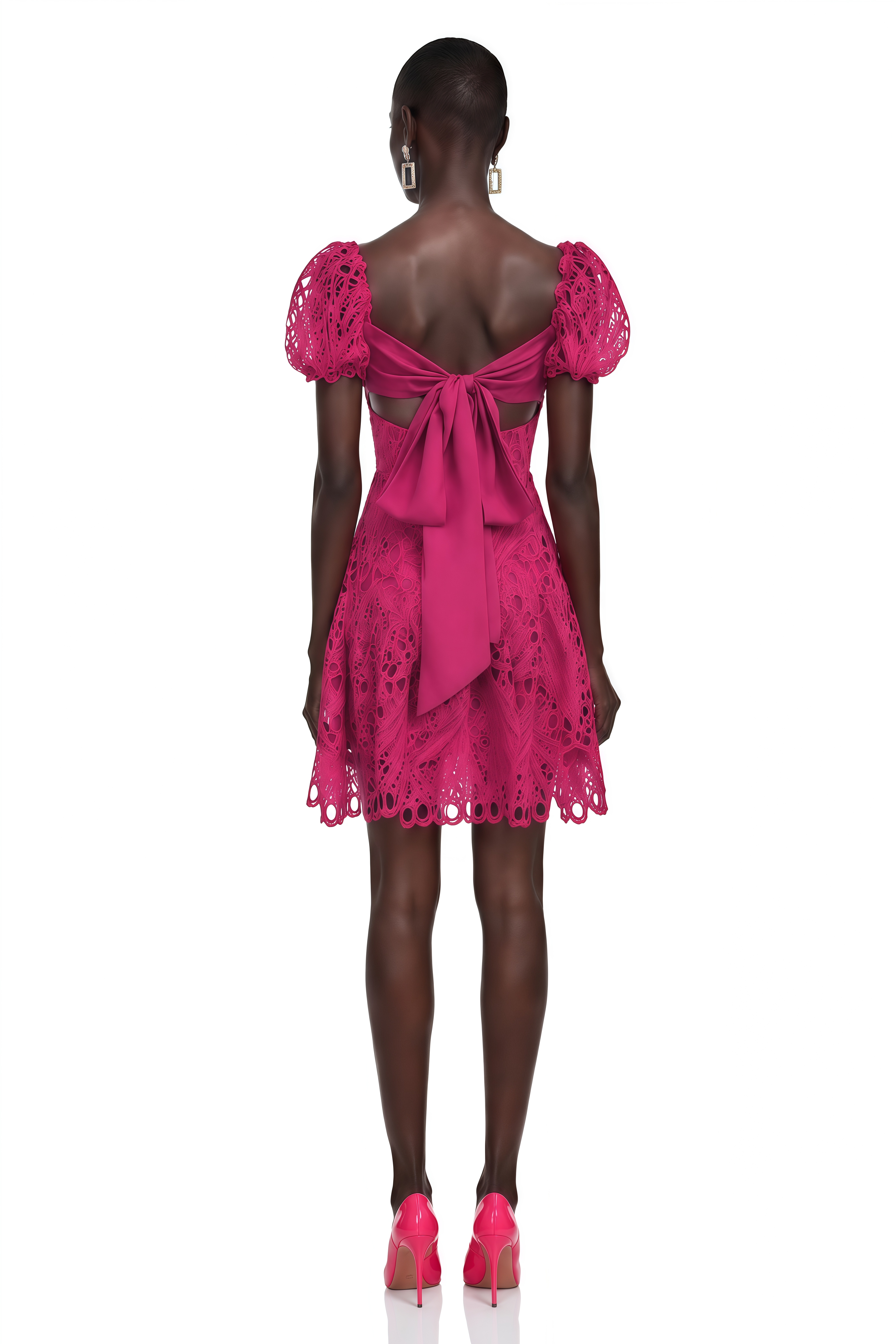 Gemma Pink Eyelet Lace Puff Sleeves Mini Dress