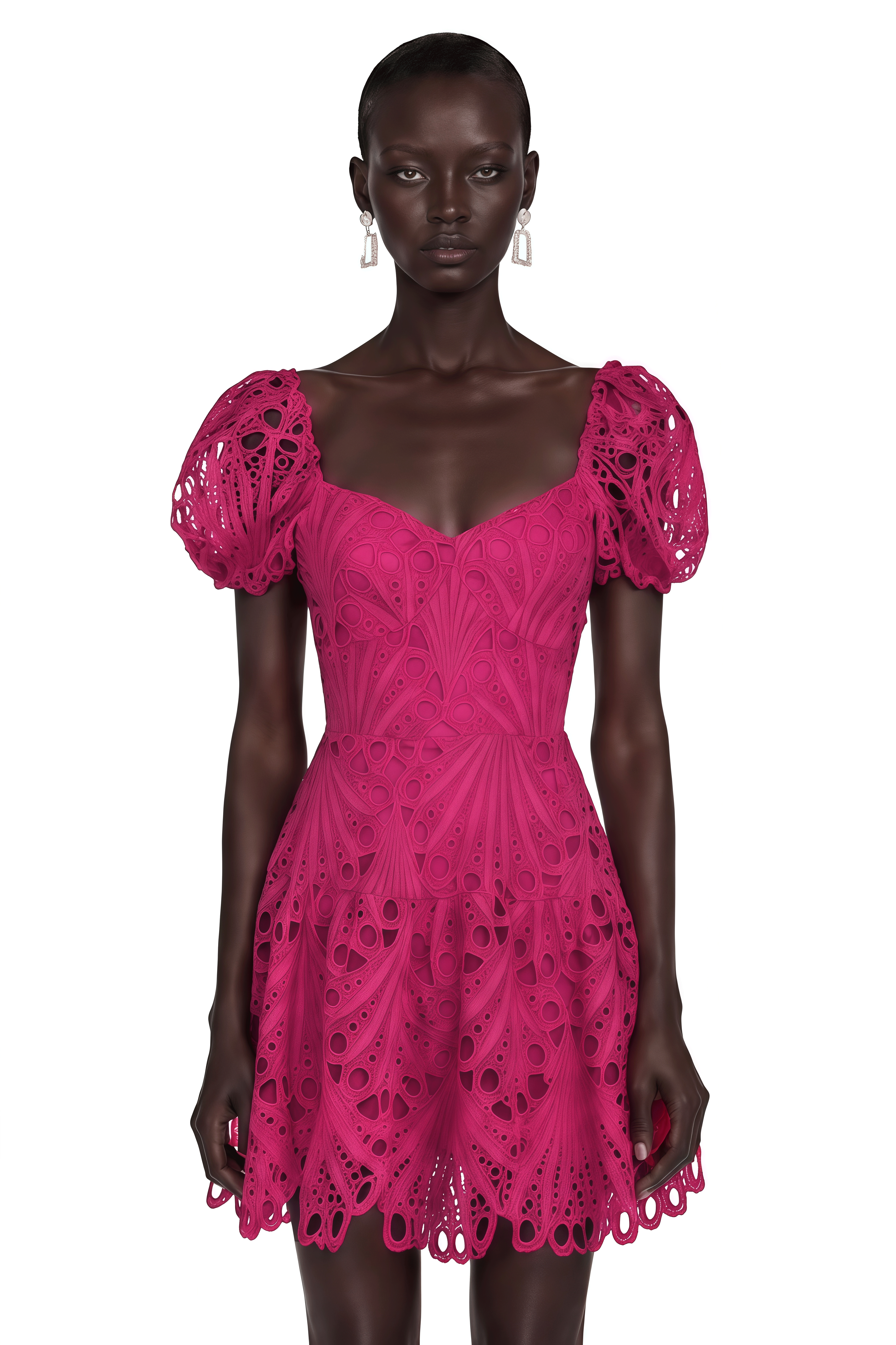 Gemma Pink Eyelet Lace Puff Sleeves Mini Dress