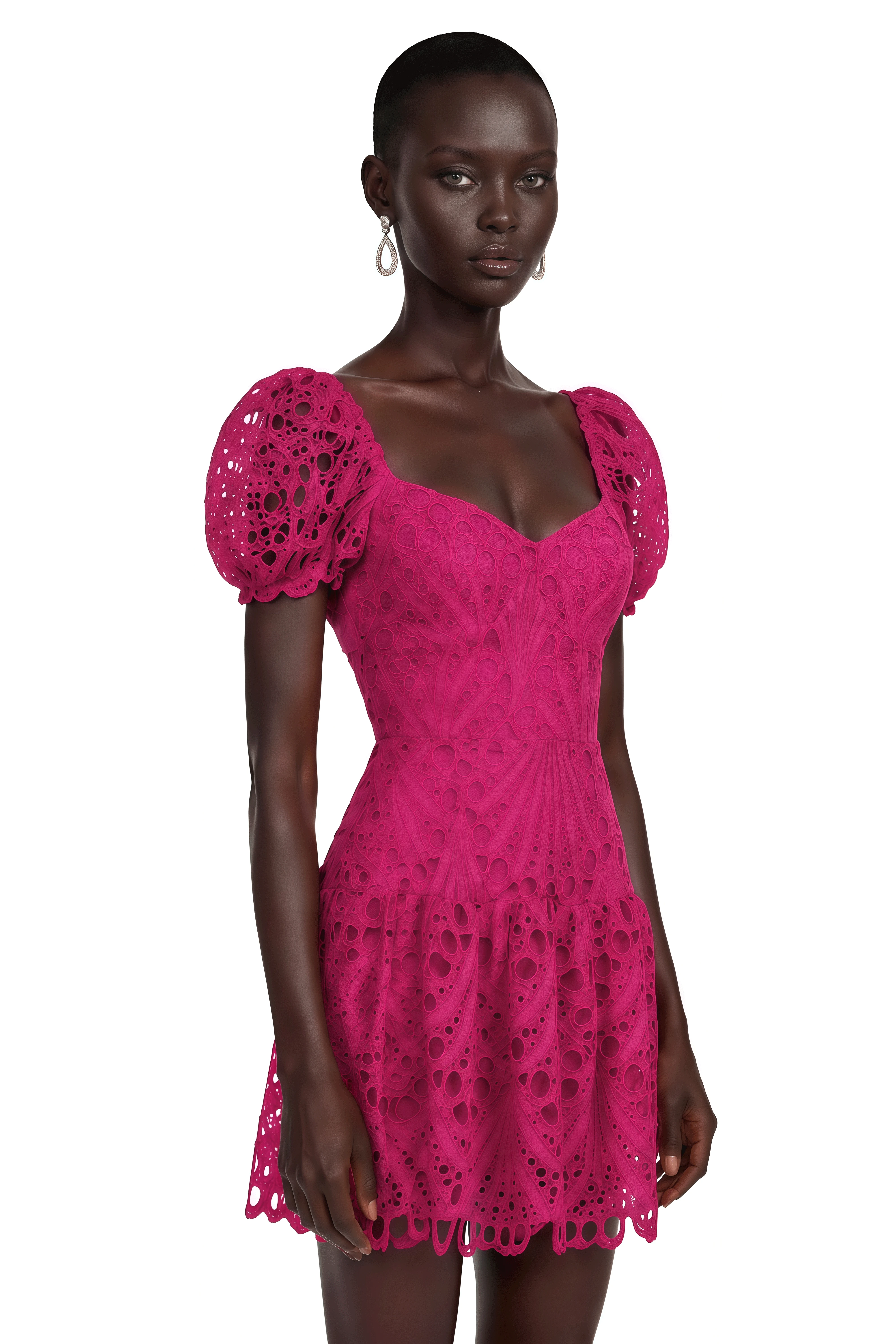 Gemma Pink Eyelet Lace Puff Sleeves Mini Dress