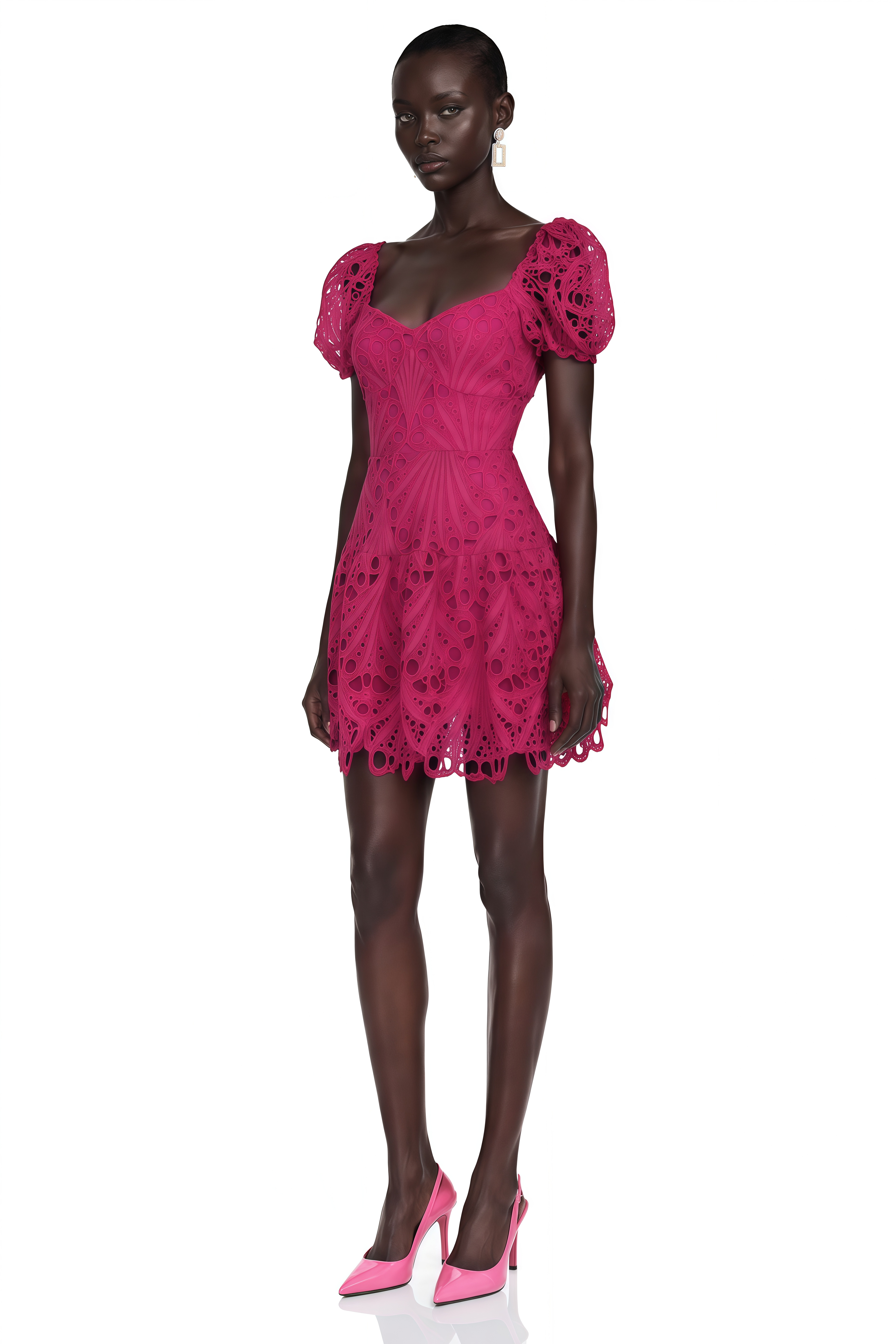 Gemma Pink Eyelet Lace Puff Sleeves Mini Dress