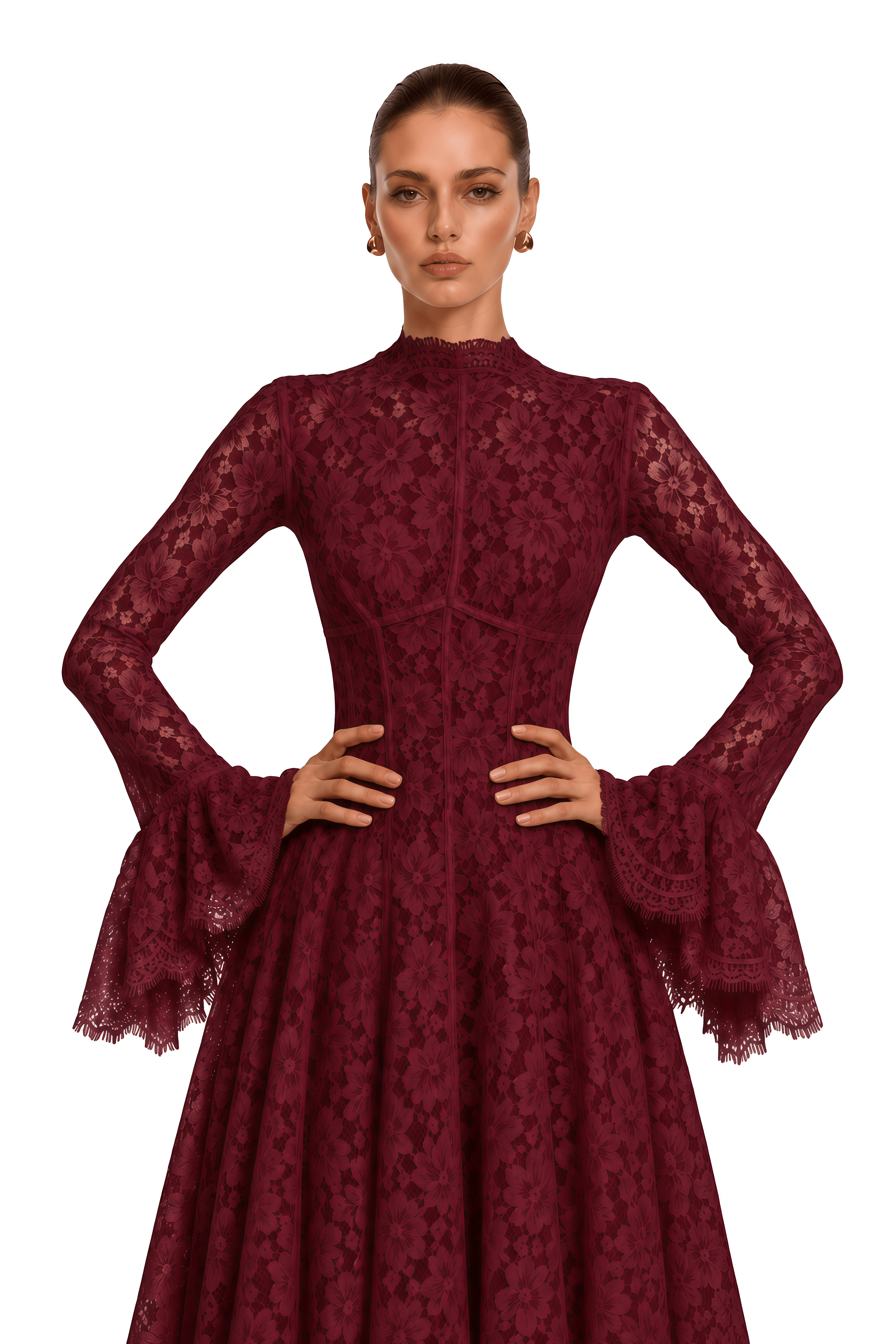 Genevieve Burgundy High-Neck Floral Lace Flared-Sleeve Maxi Dress