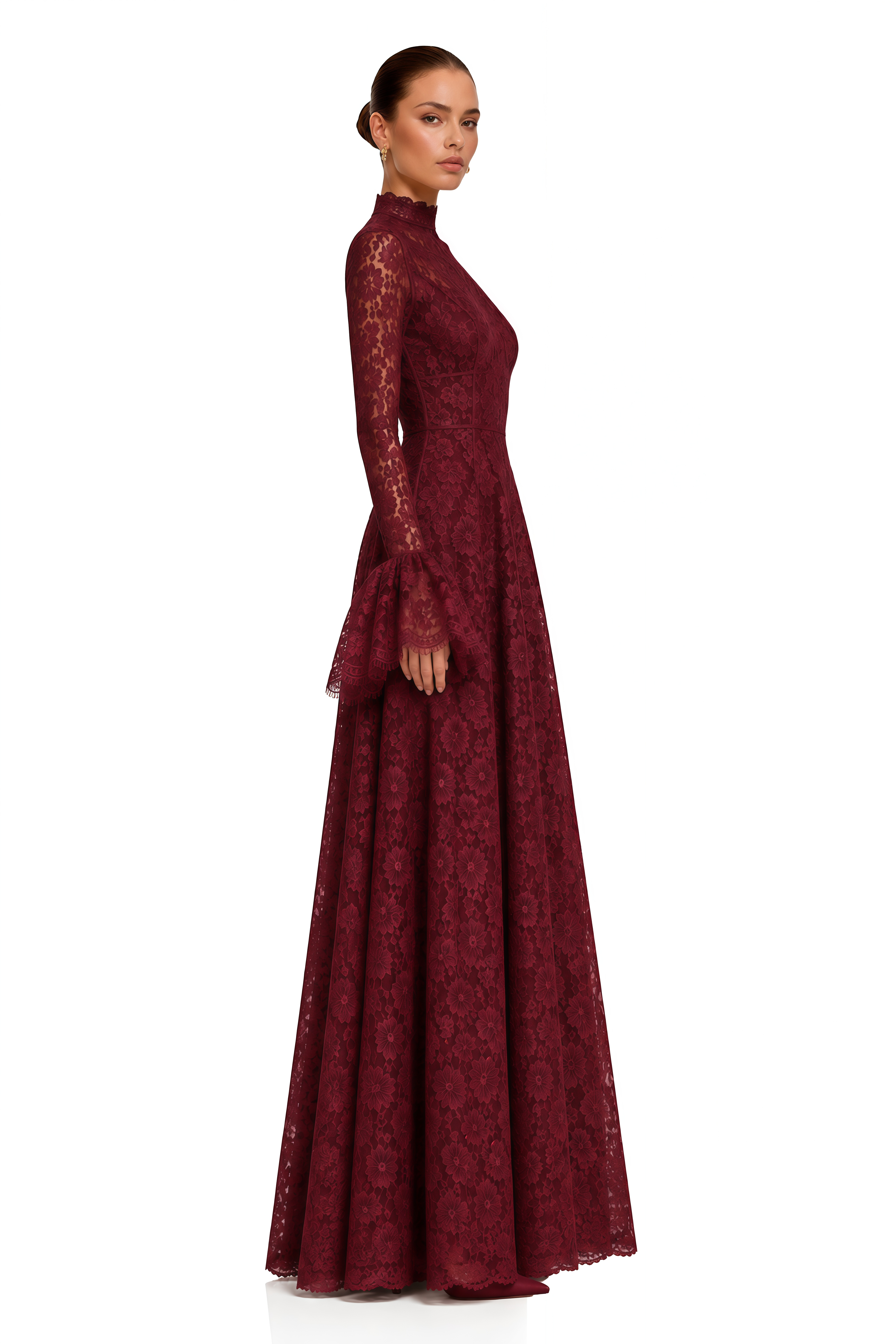 Genevieve Burgundy High-Neck Floral Lace Flared-Sleeve Maxi Dress