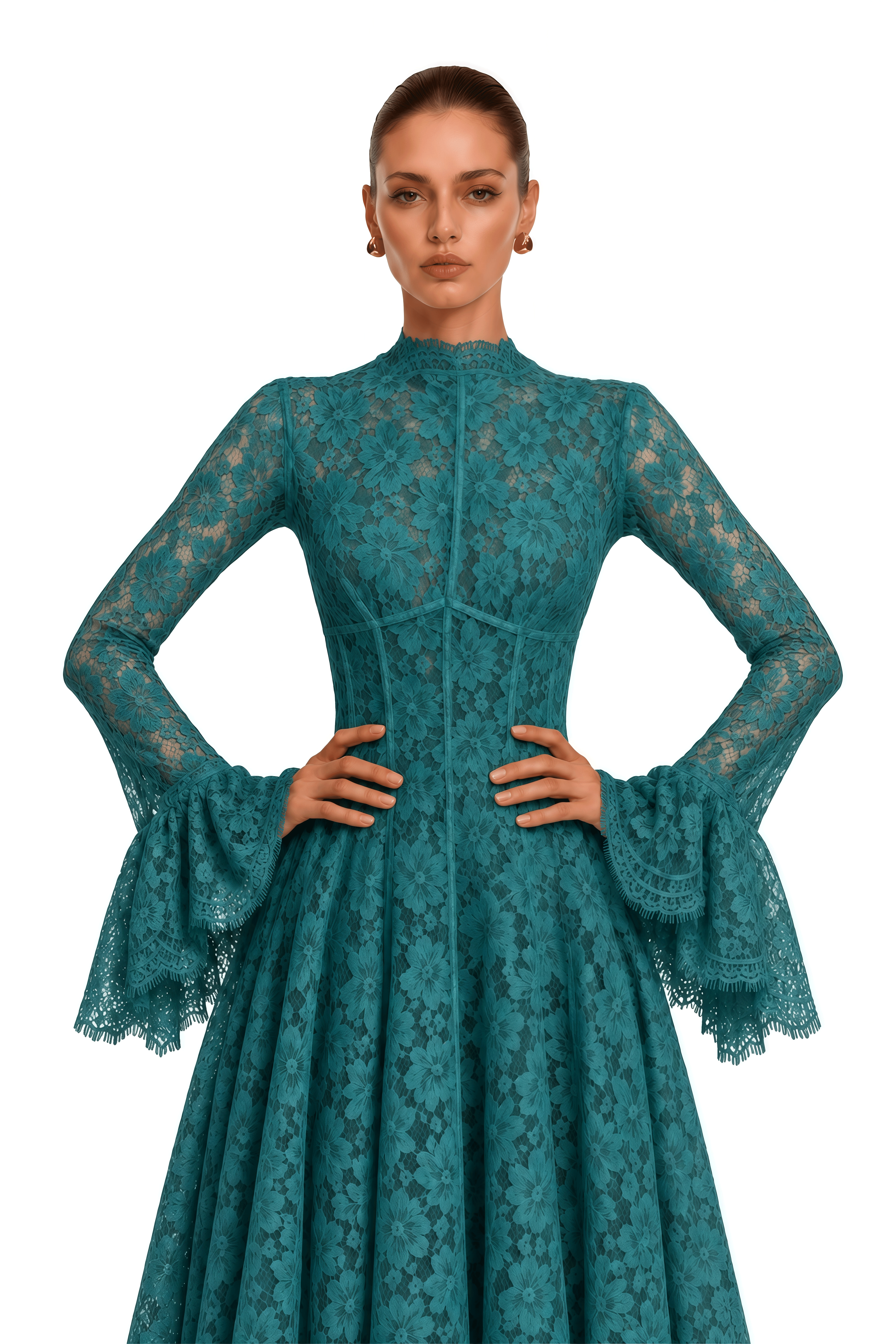 Genevieve Green High-Neck Floral Lace Flared-Sleeve Maxi Dress