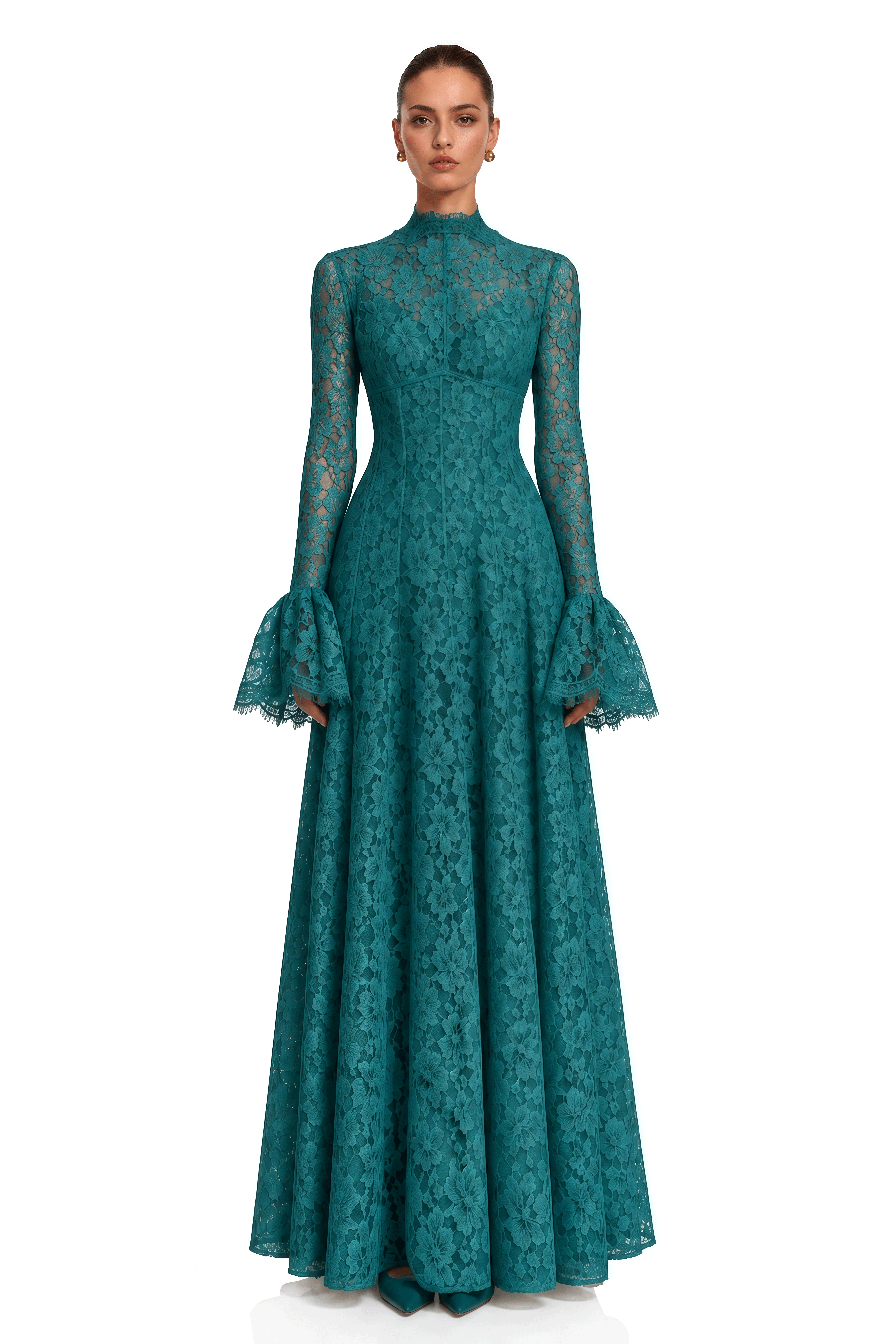 Genevieve Green High-Neck Floral Lace Flared-Sleeve Maxi Dress
