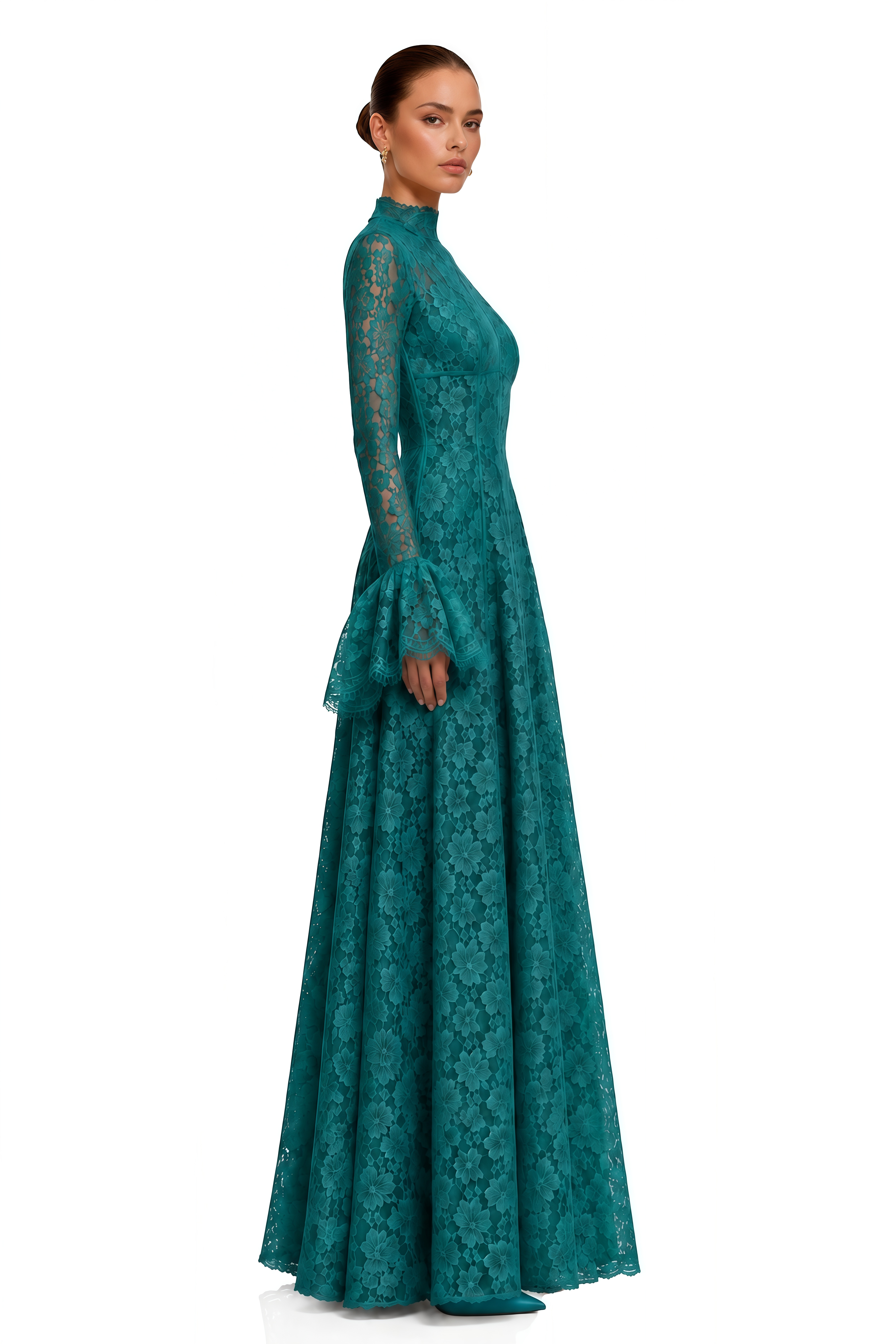 Genevieve Green High-Neck Floral Lace Flared-Sleeve Maxi Dress