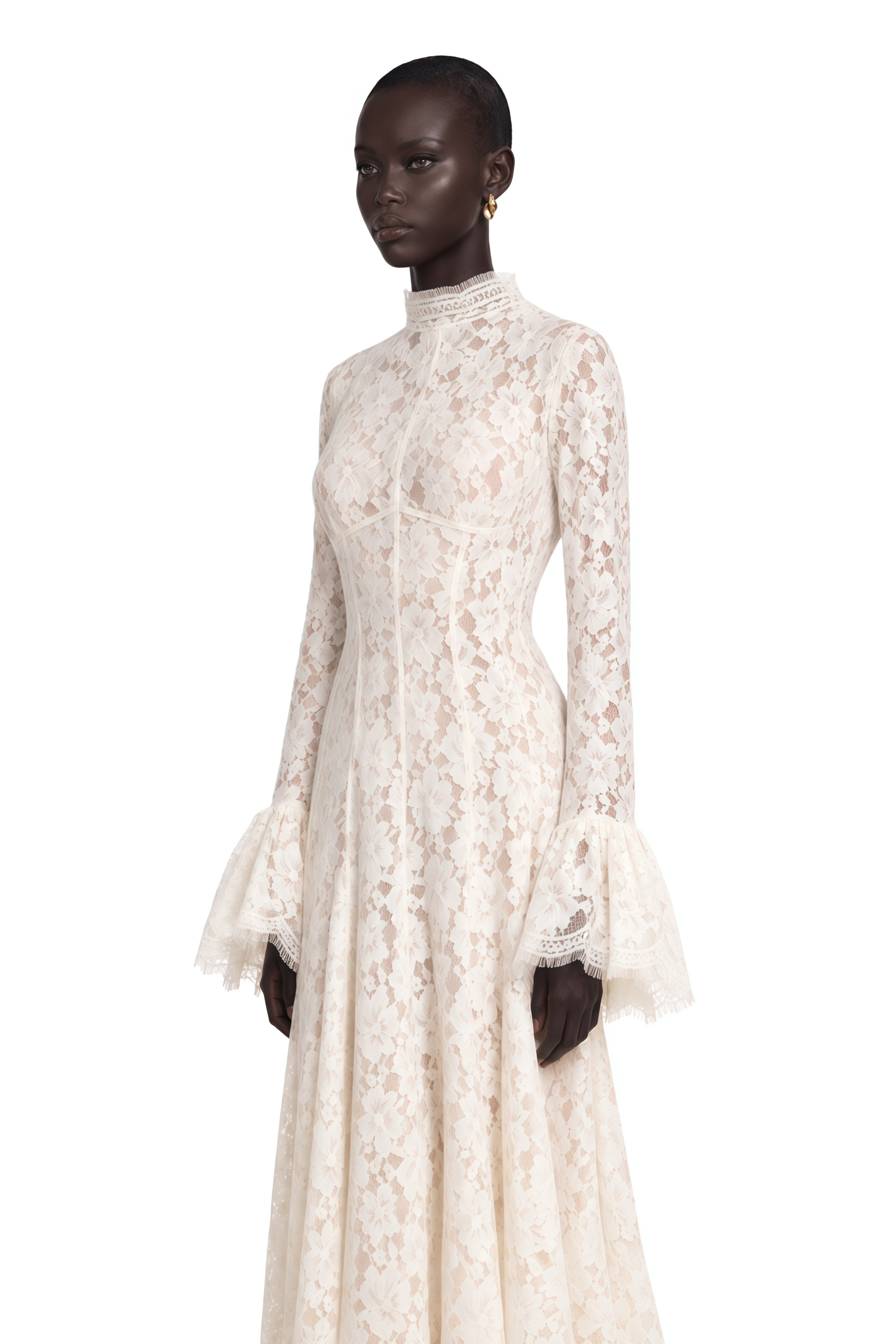 Genevieve Ivory High-Neck Floral Lace Flared-Sleeve Maxi Dress