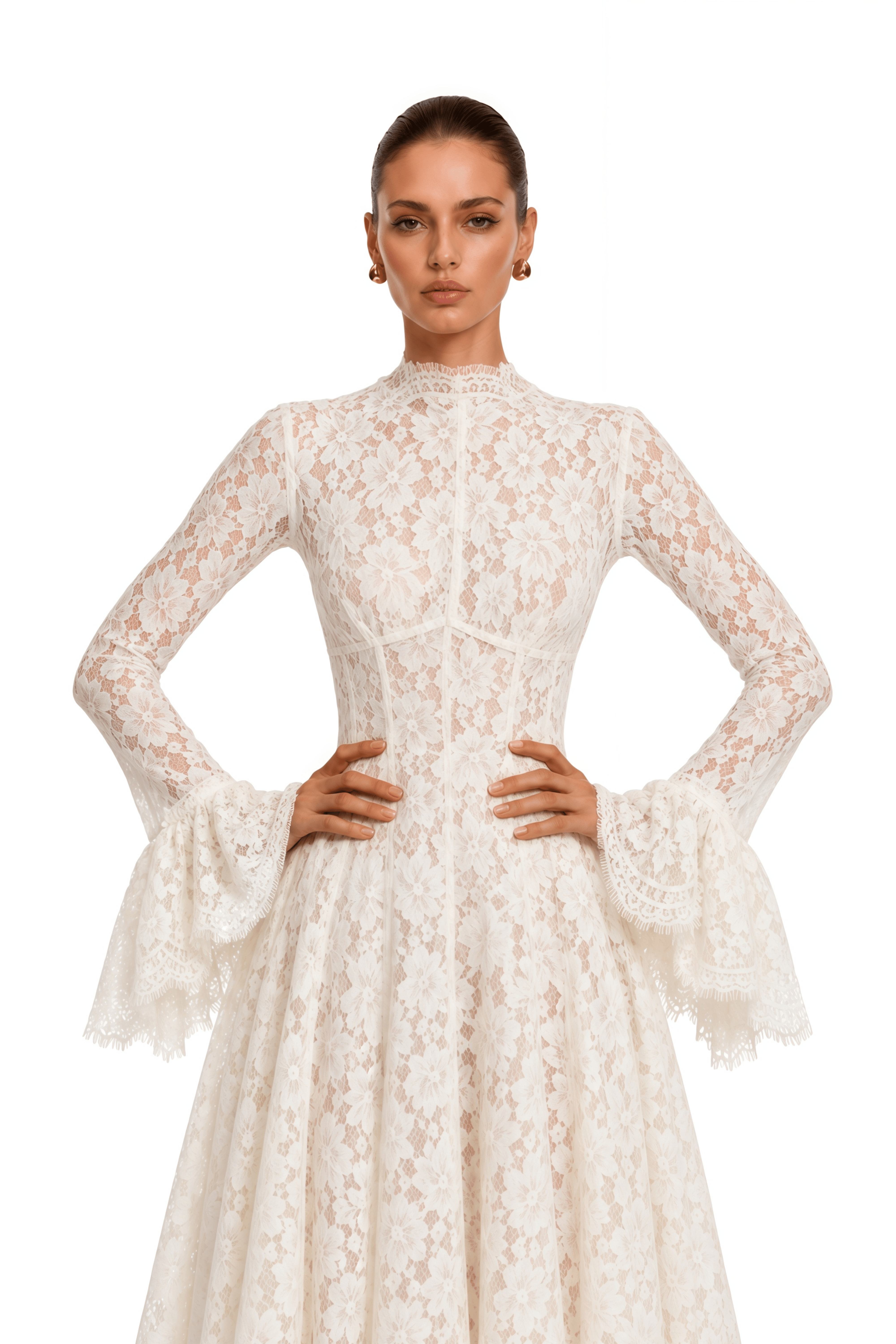 Genevieve Ivory High-Neck Floral Lace Flared-Sleeve Maxi Dress