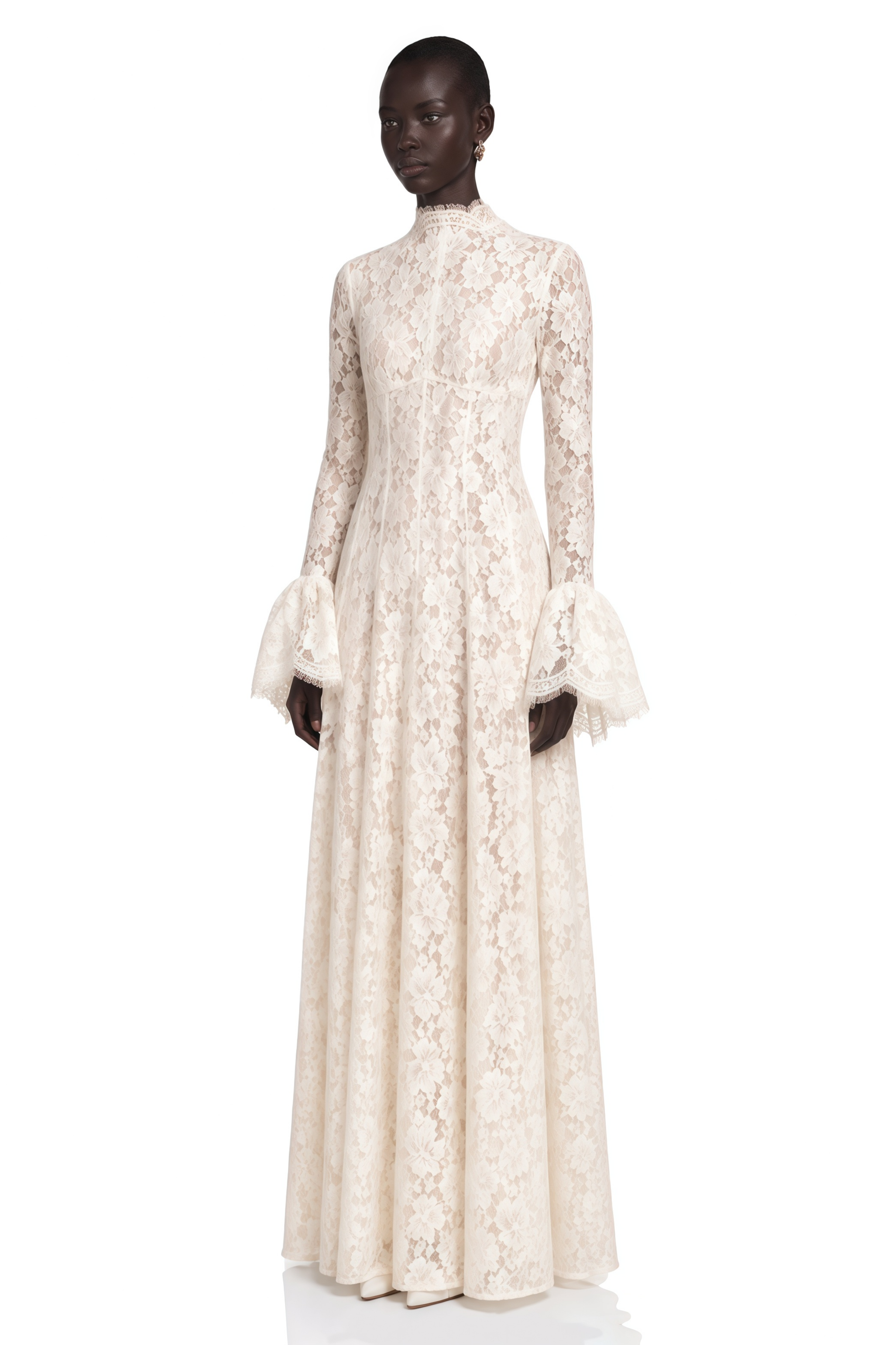 Genevieve Ivory High-Neck Floral Lace Flared-Sleeve Maxi Dress
