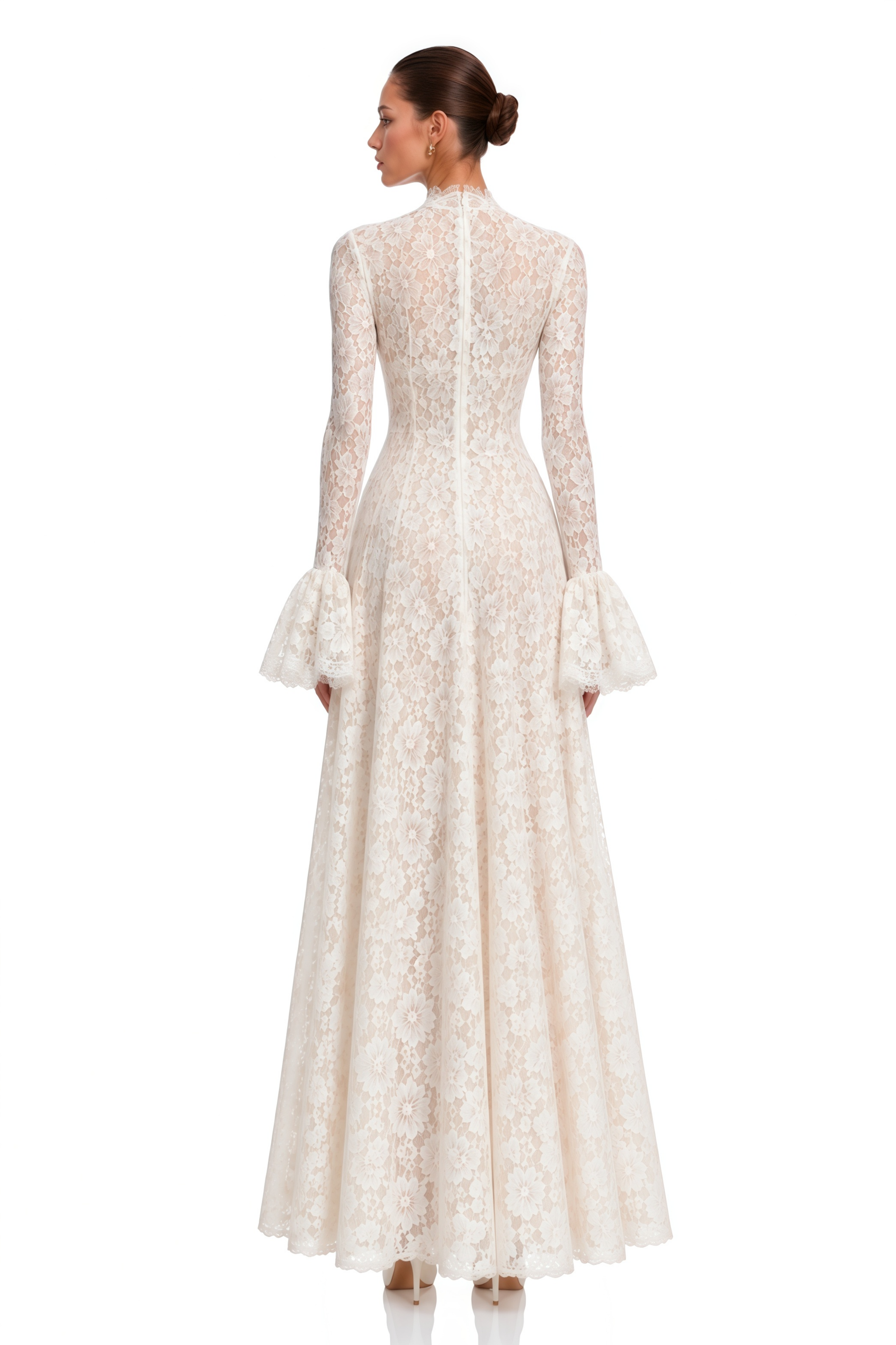 Genevieve Ivory High-Neck Floral Lace Flared-Sleeve Maxi Dress
