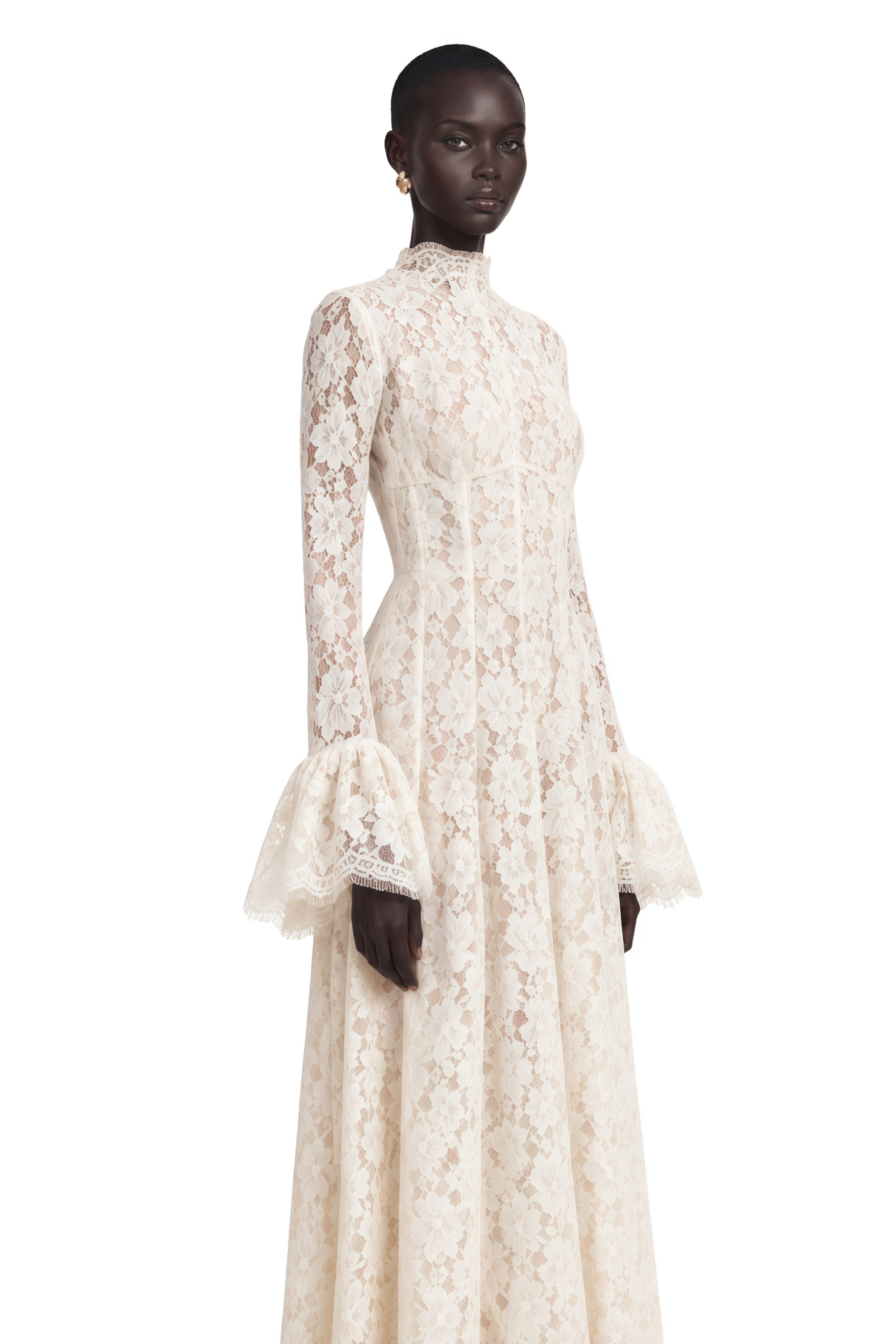 Genevieve Ivory High-Neck Floral Lace Flared-Sleeve Maxi Dress