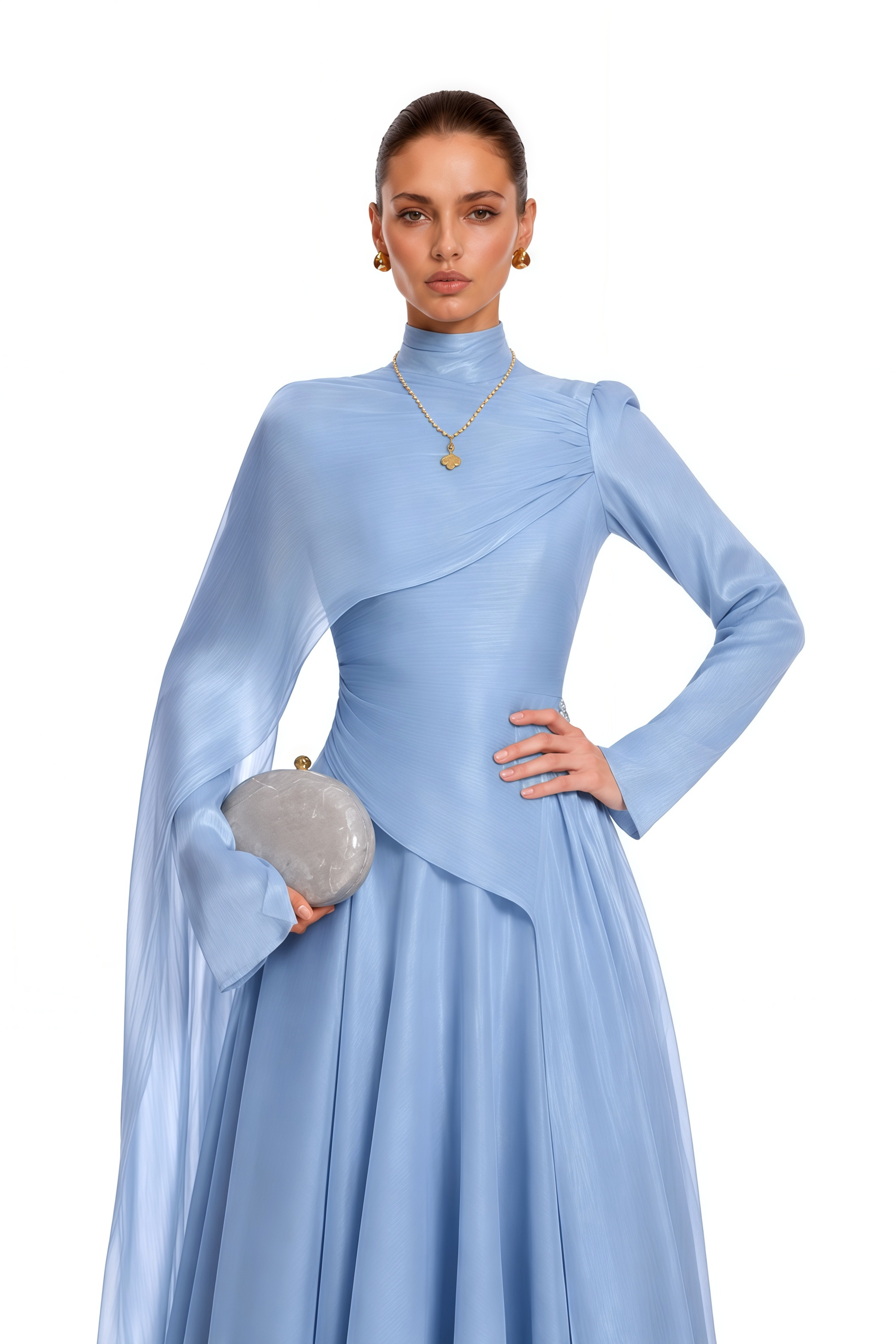 Light blue high-neck draped satin maxi gown with a trailing shoulder cape