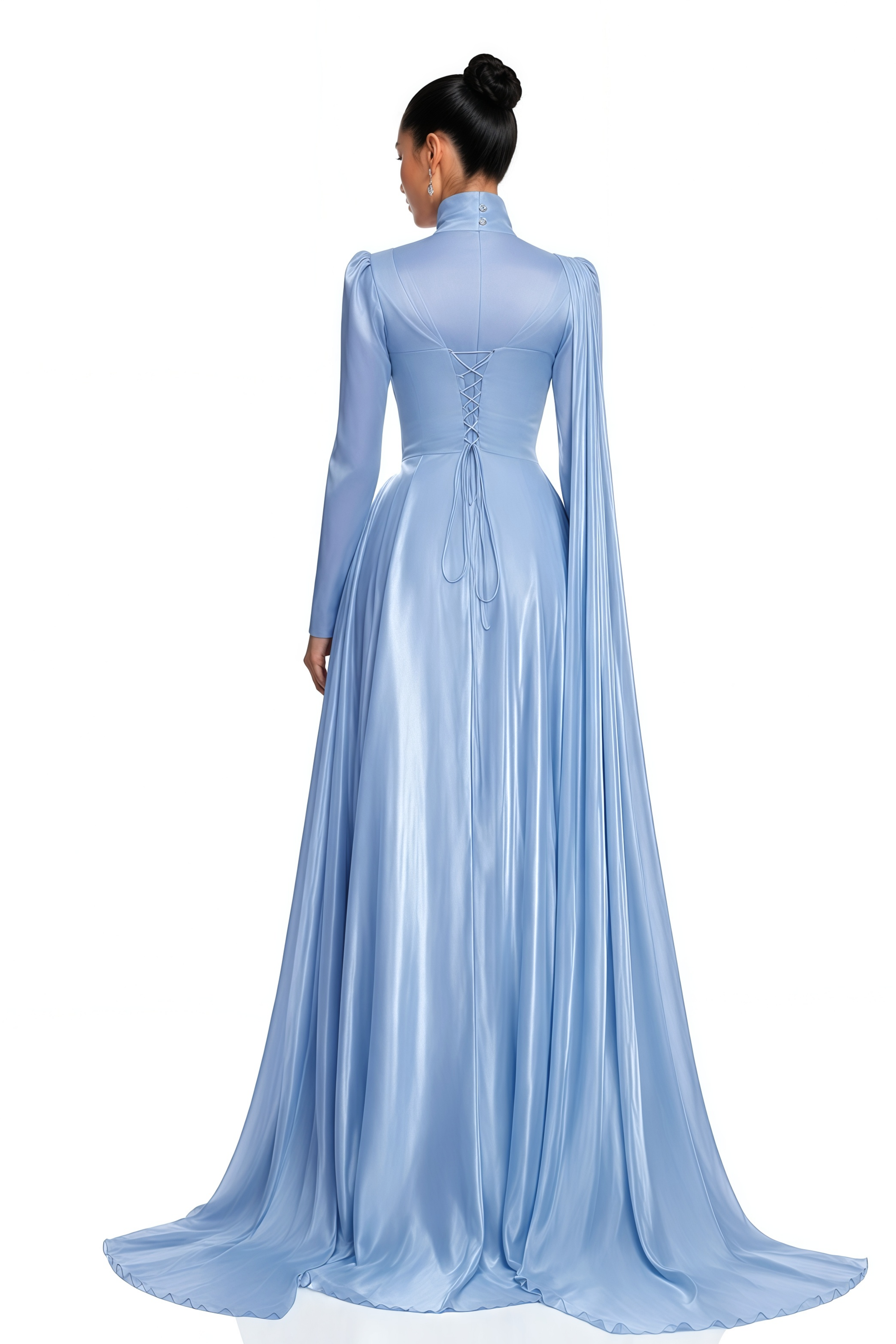 Light blue high-neck draped satin maxi gown with a trailing shoulder cape