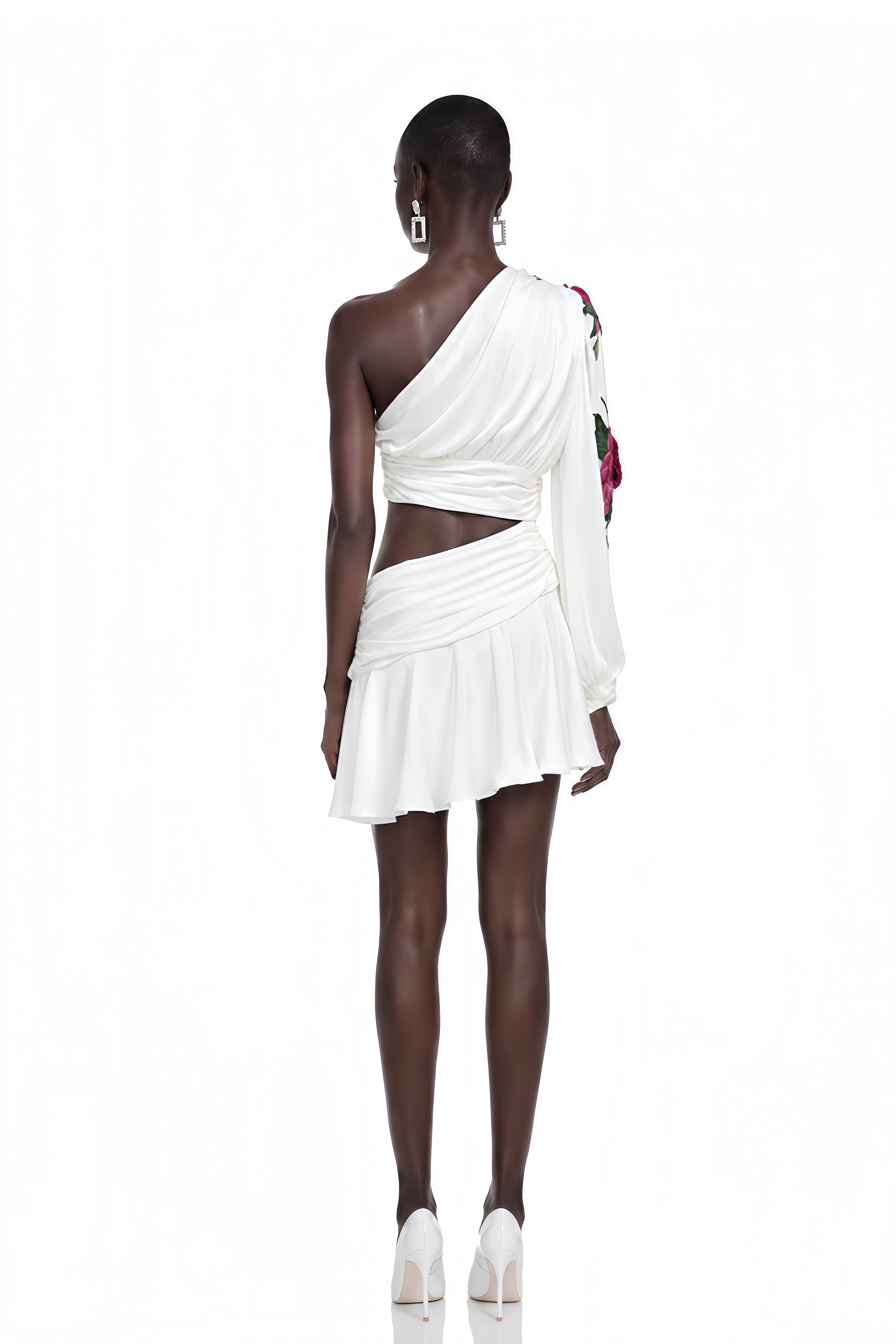Georgina White Floral Appliqué Asymmetrical Mini Dress