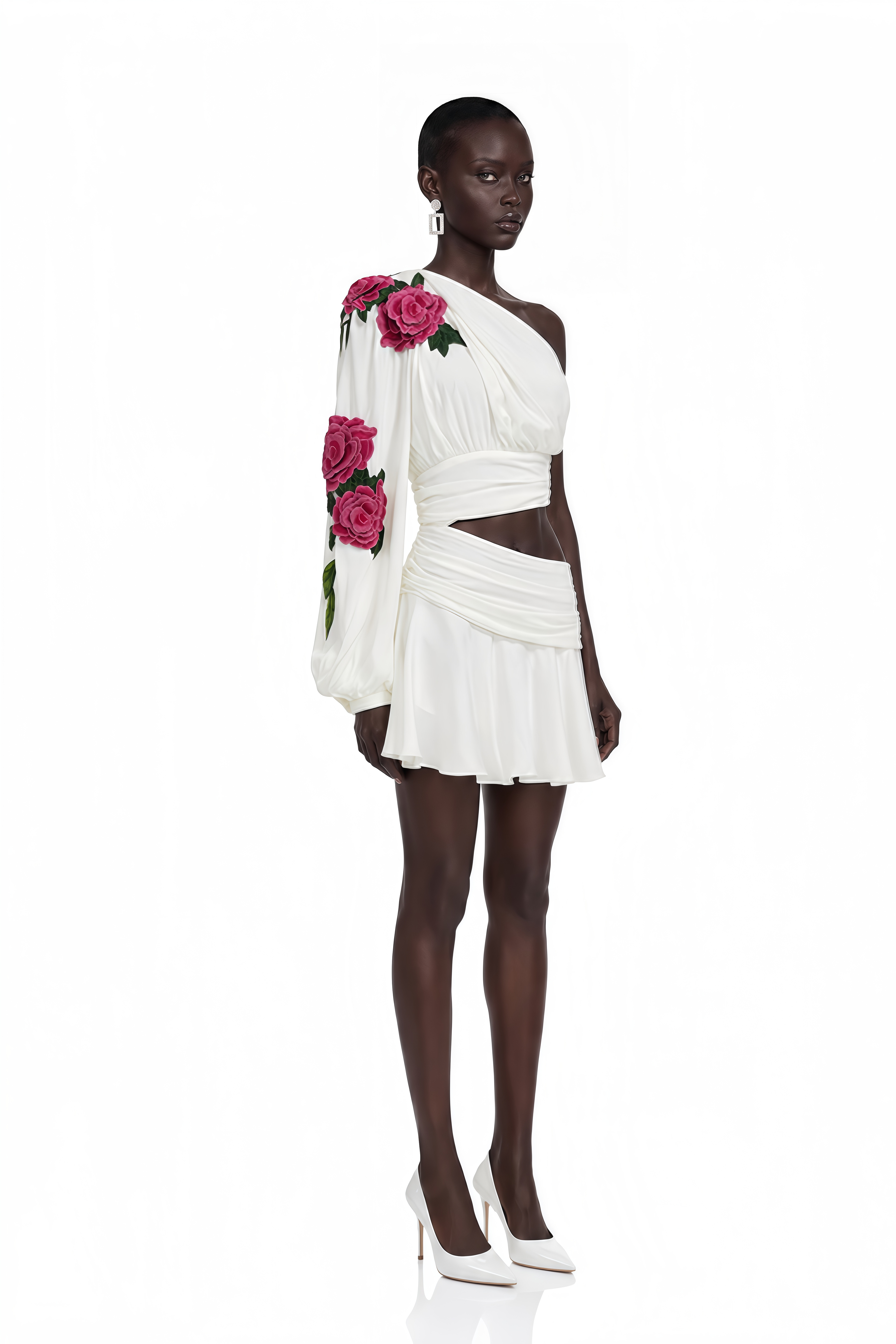 Georgina White Floral Appliqué Asymmetrical Mini Dress
