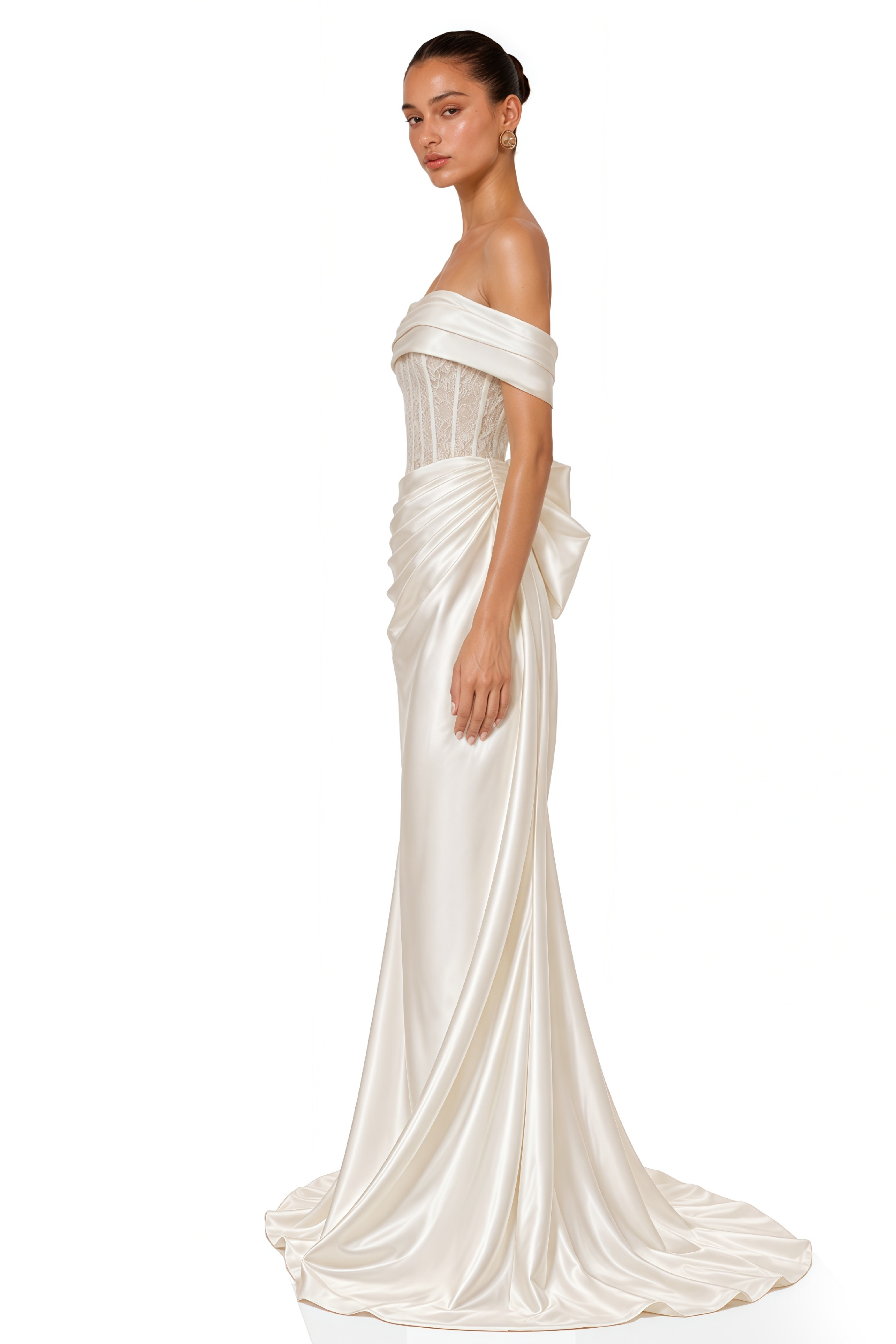 Georgina White Off Shoulder Ruched Satin Maxi Dress