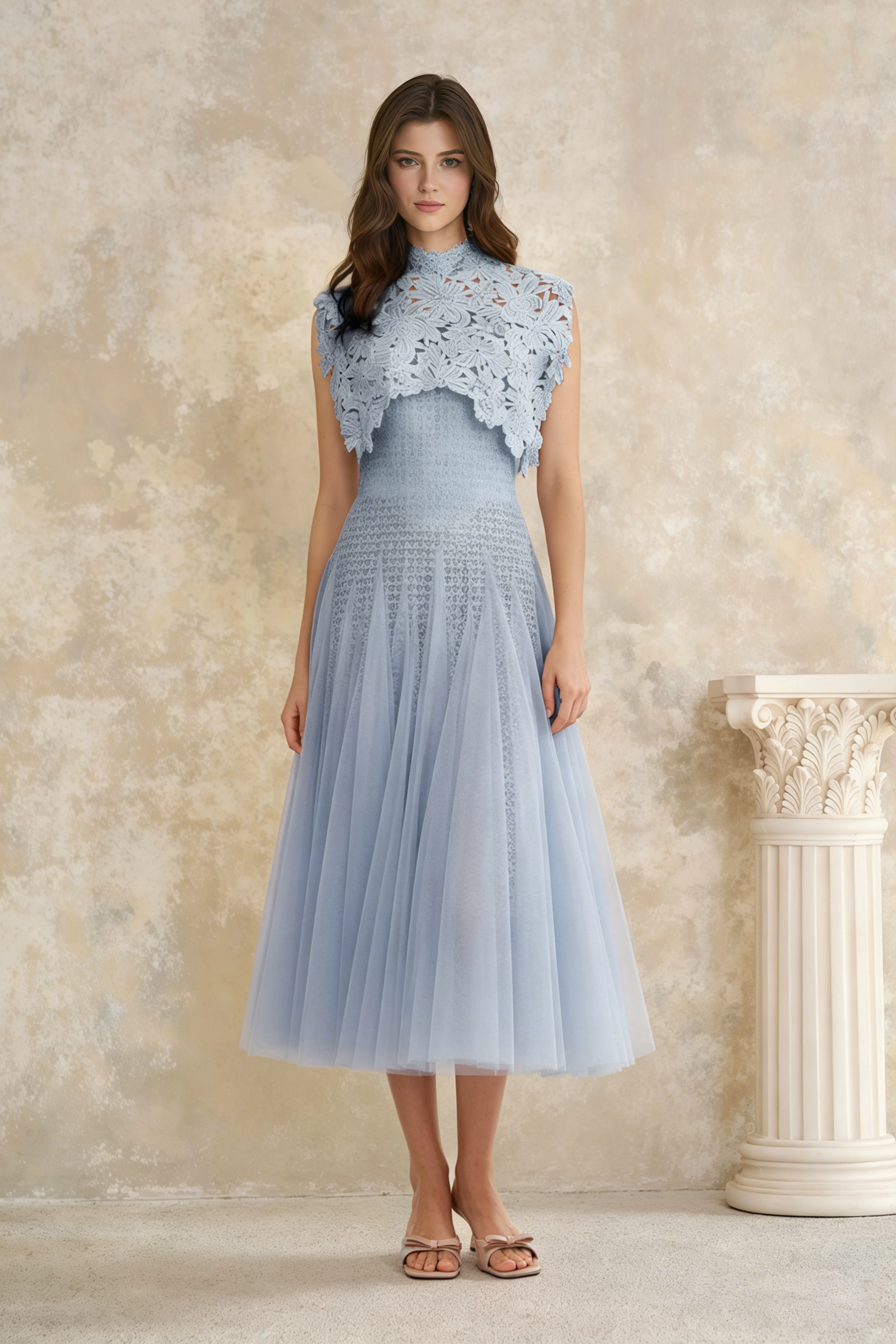 Blue Floral Crochet Midi Dress