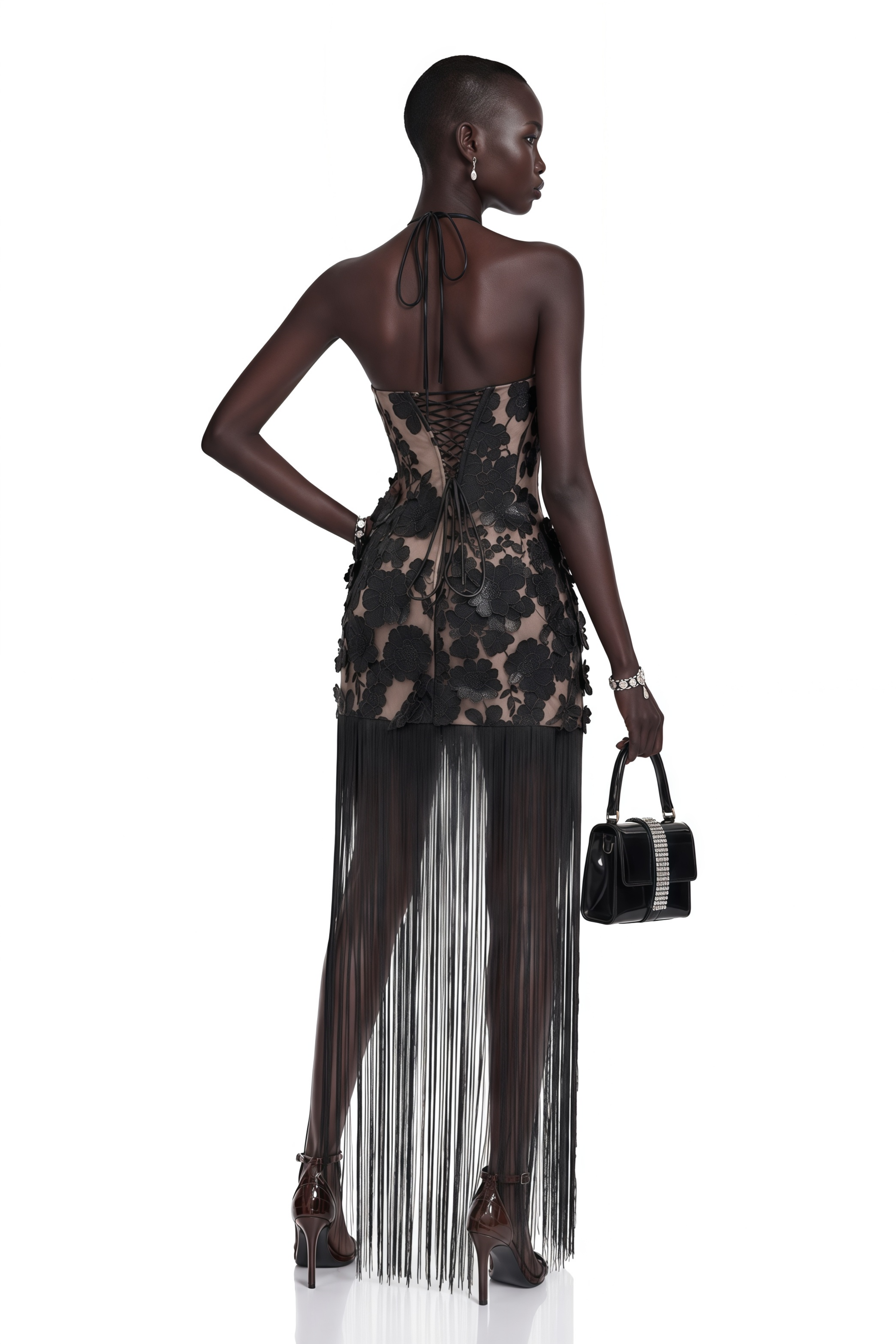 Gillian Black 3D Petal Halterneck Maxi Dress with Fringe