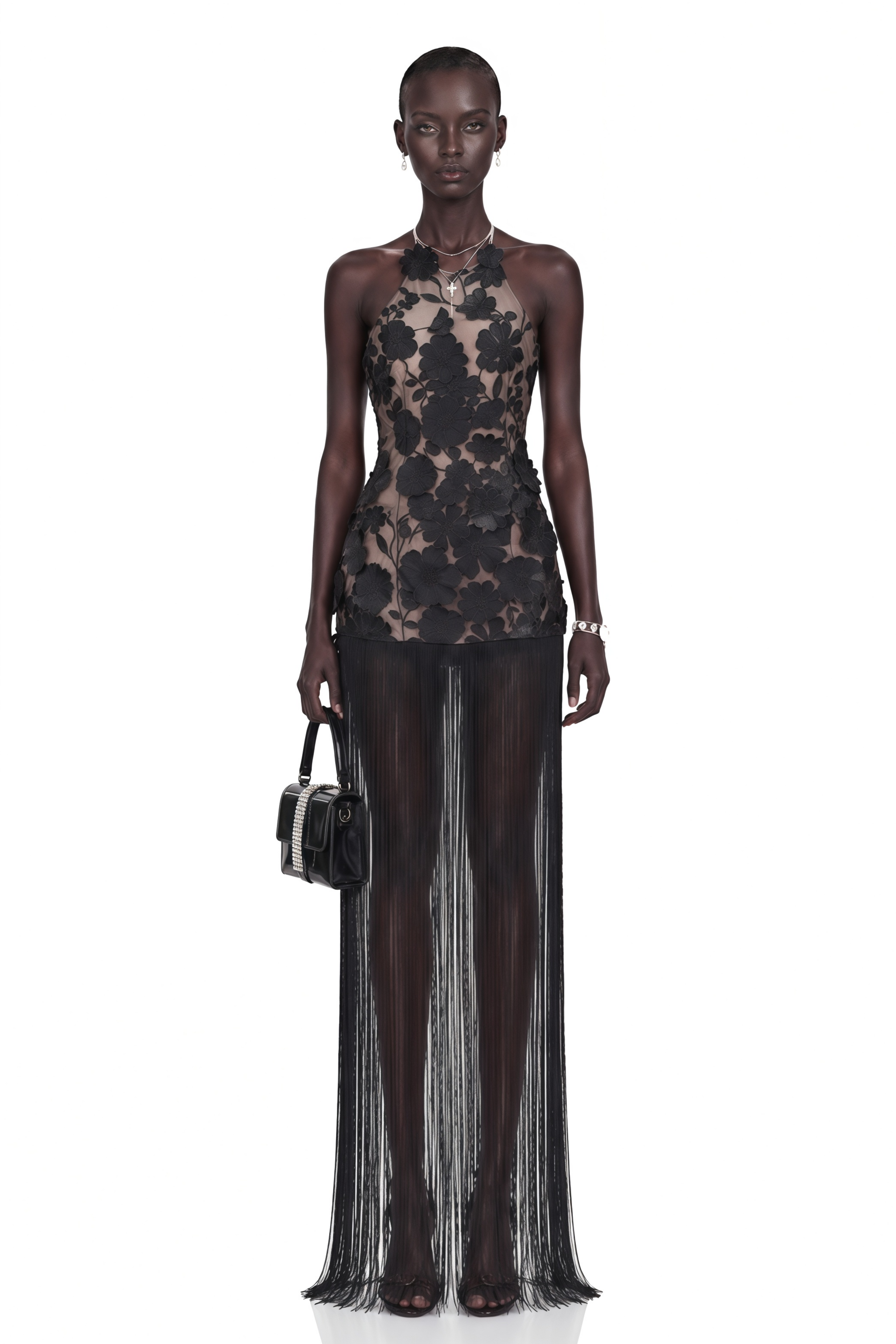 Gillian Black 3D Petal Halterneck Maxi Dress with Fringe