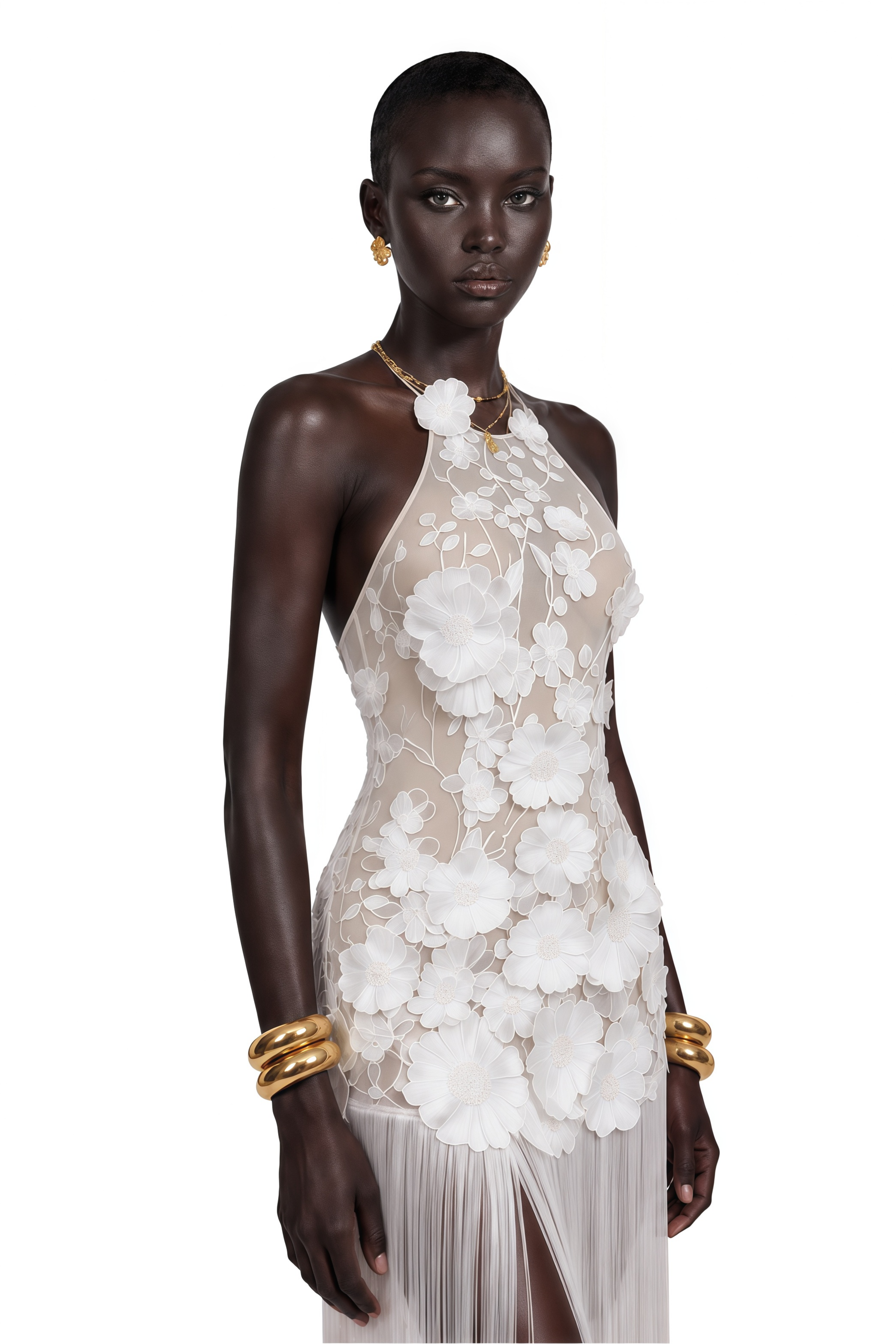 Gillian White 3D Petal Halterneck Maxi Dress with Fringe