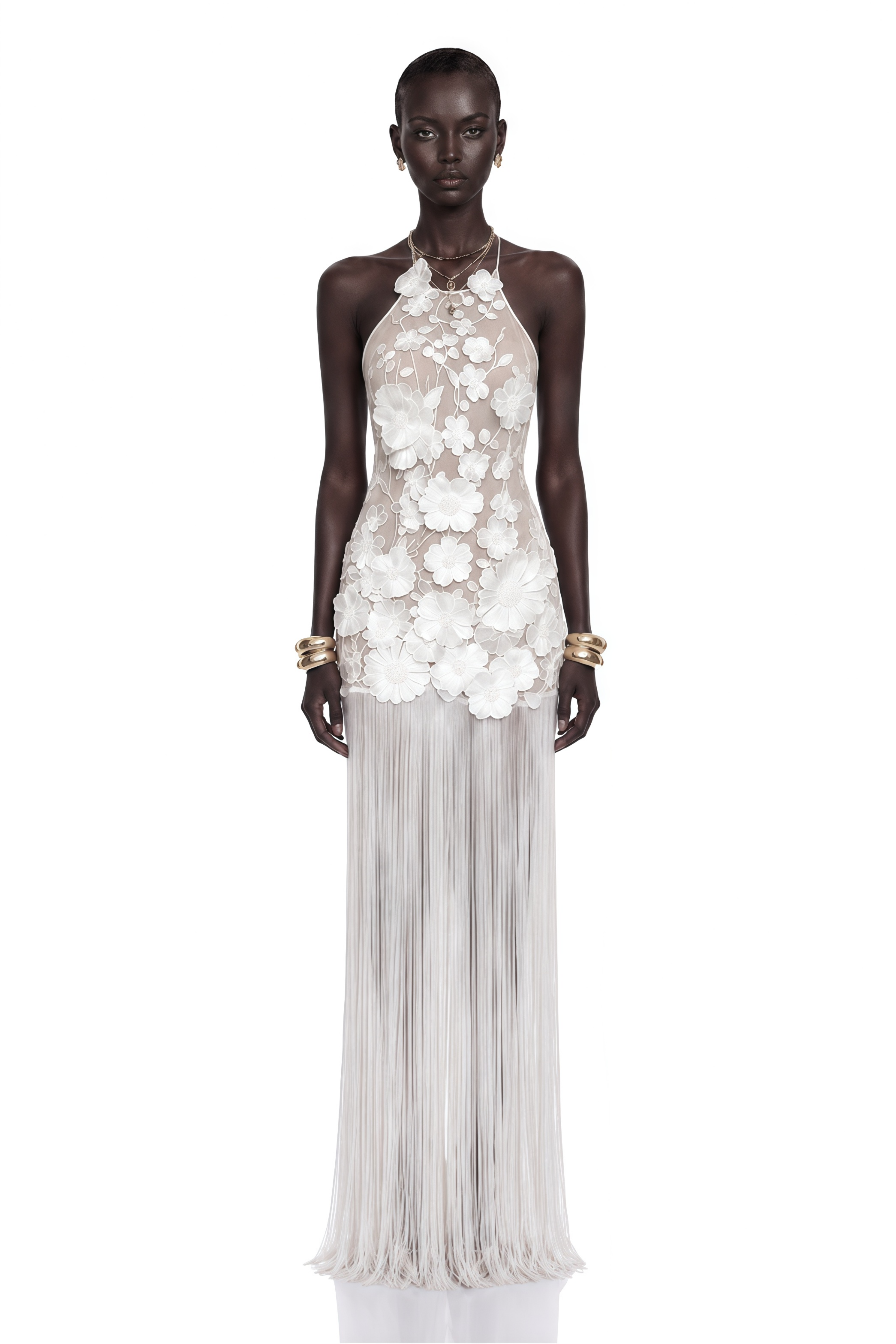 Gillian White 3D Petal Halterneck Maxi Dress with Fringe
