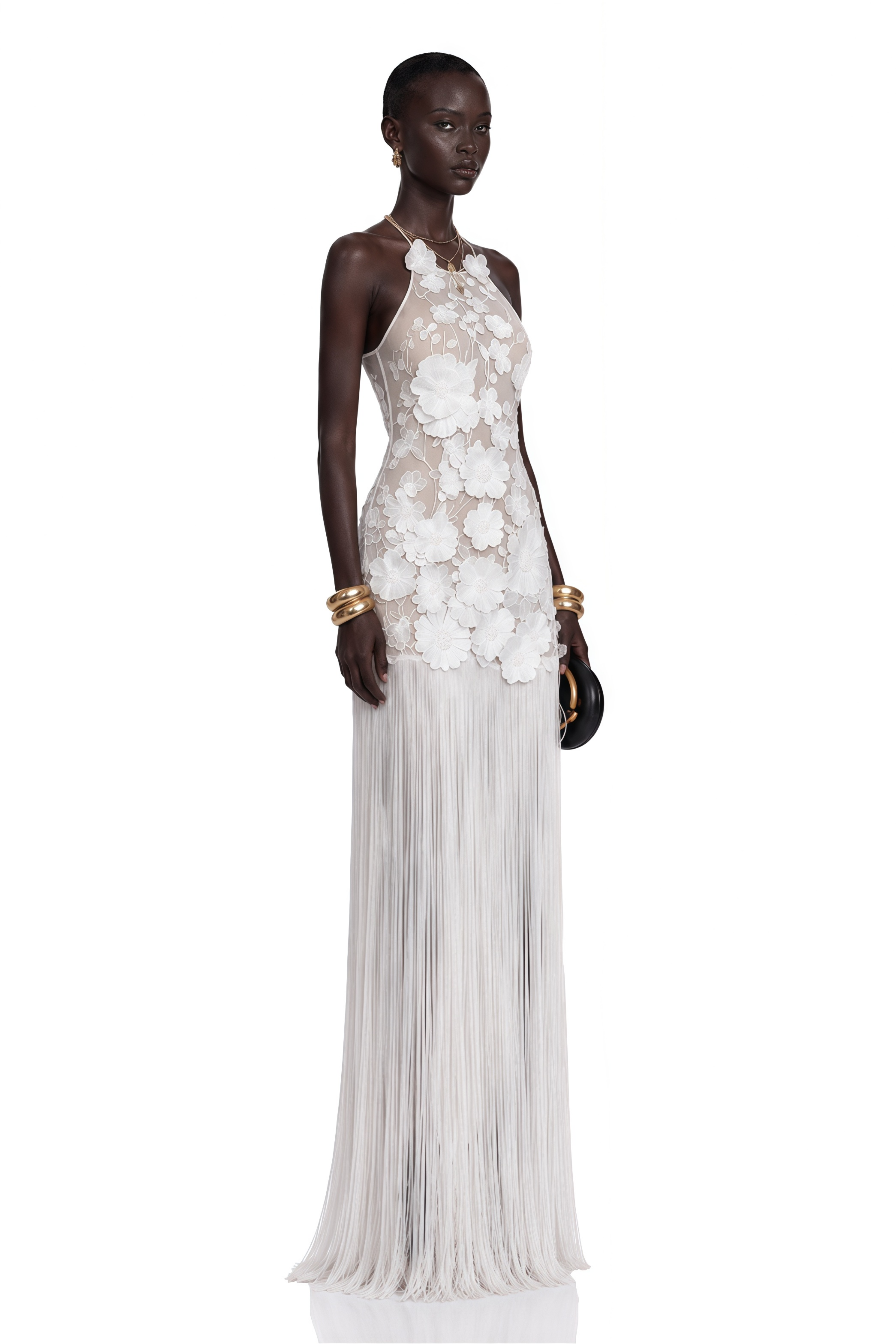 Gillian White 3D Petal Halterneck Maxi Dress with Fringe