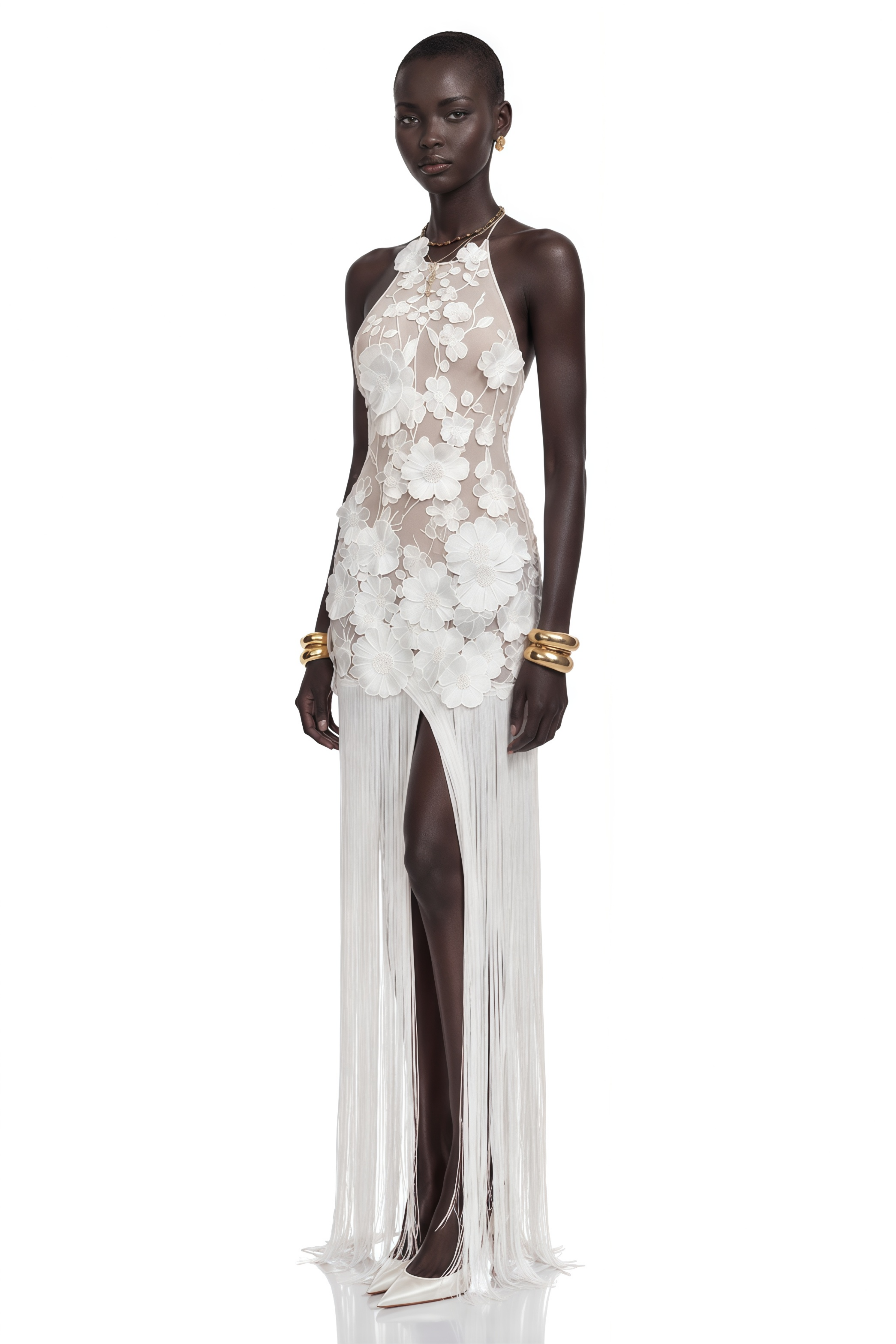 Gillian White 3D Petal Halterneck Maxi Dress with Fringe