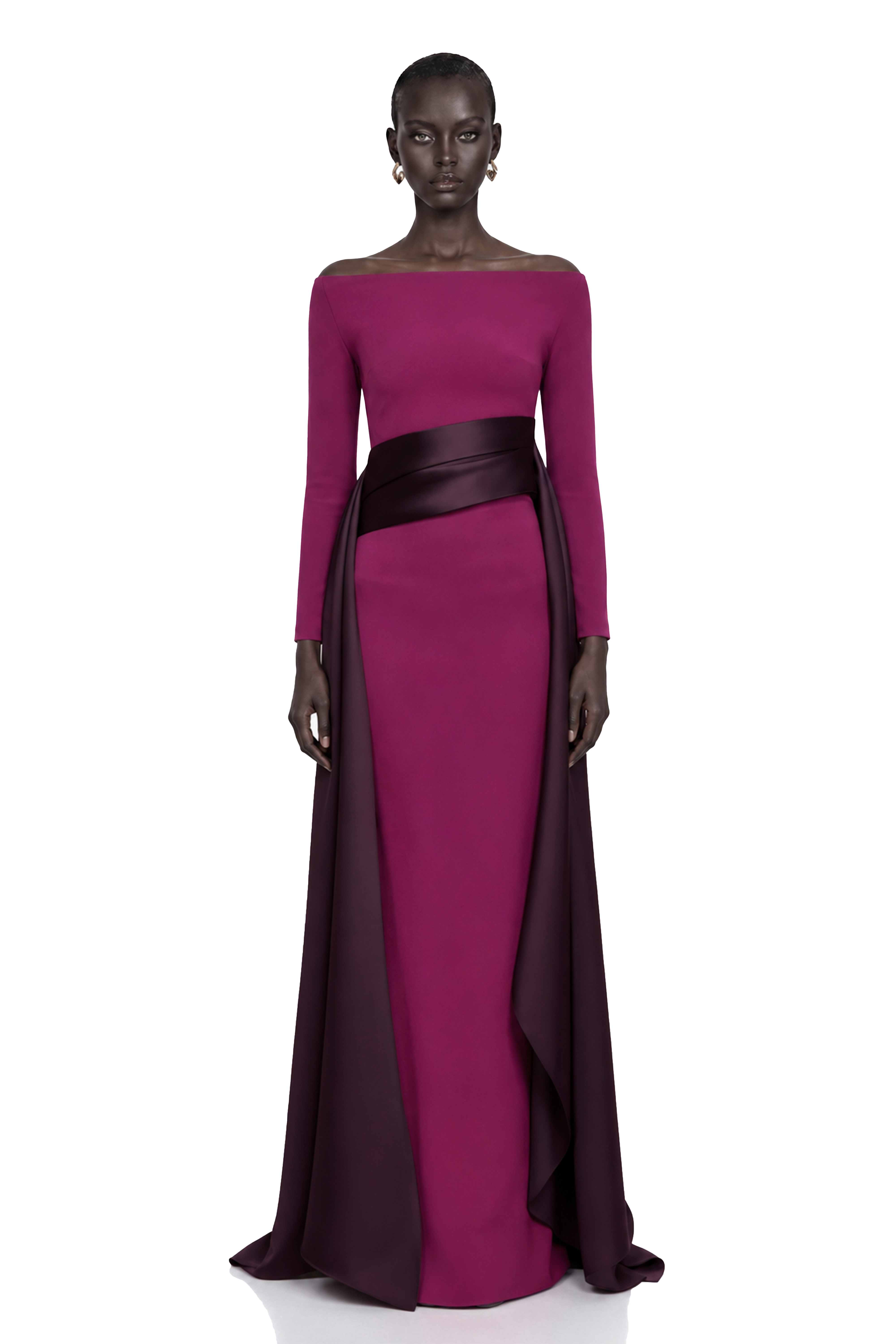 magenta formal dress with sleeves Ginevra Draped Stain Panel Maxi Gown – Miss Rosier magenta gown