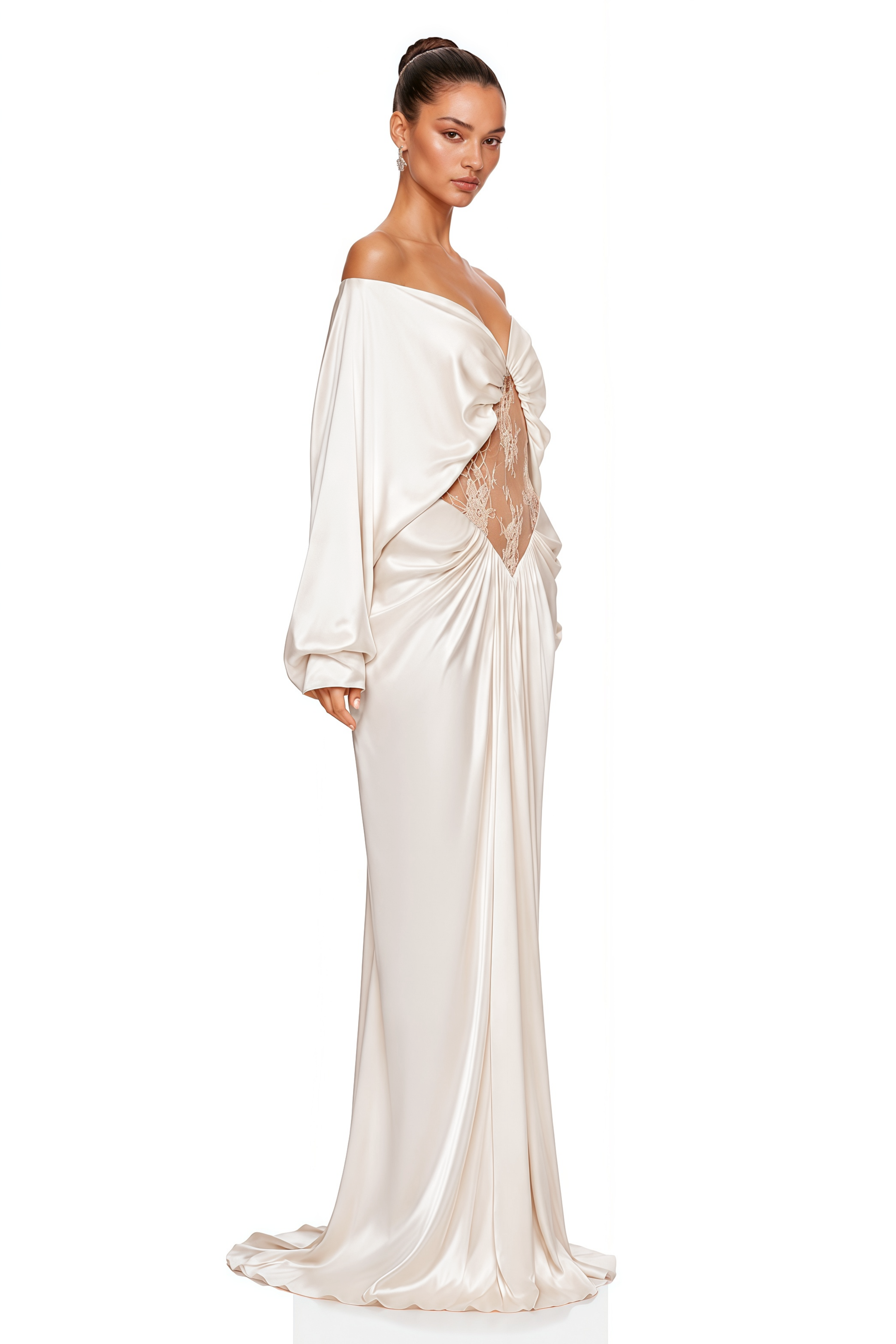 Gioconda White Off Shoulder Maxi Dress with Lace Panels