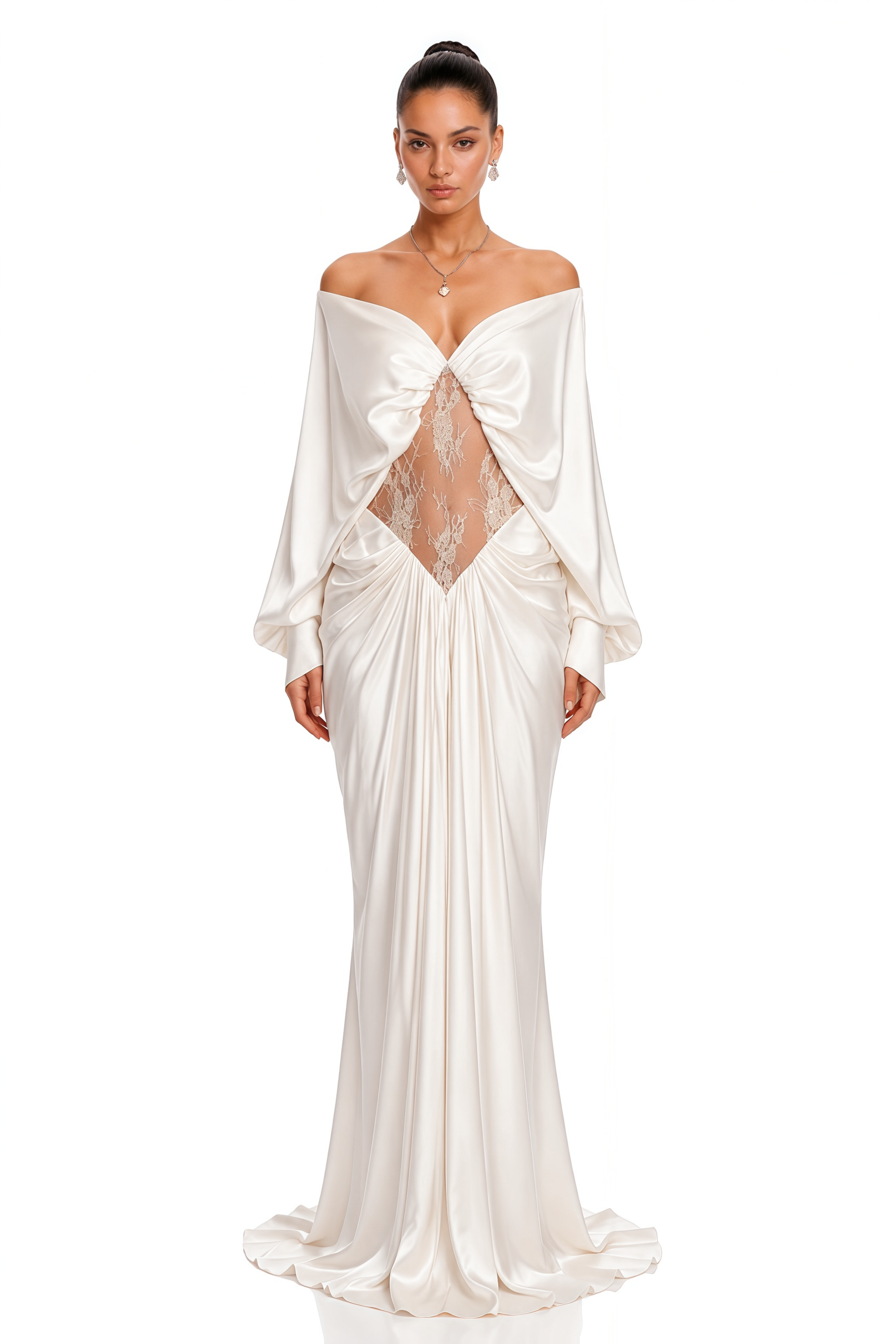 Gioconda White Off Shoulder Maxi Dress with Lace Panels