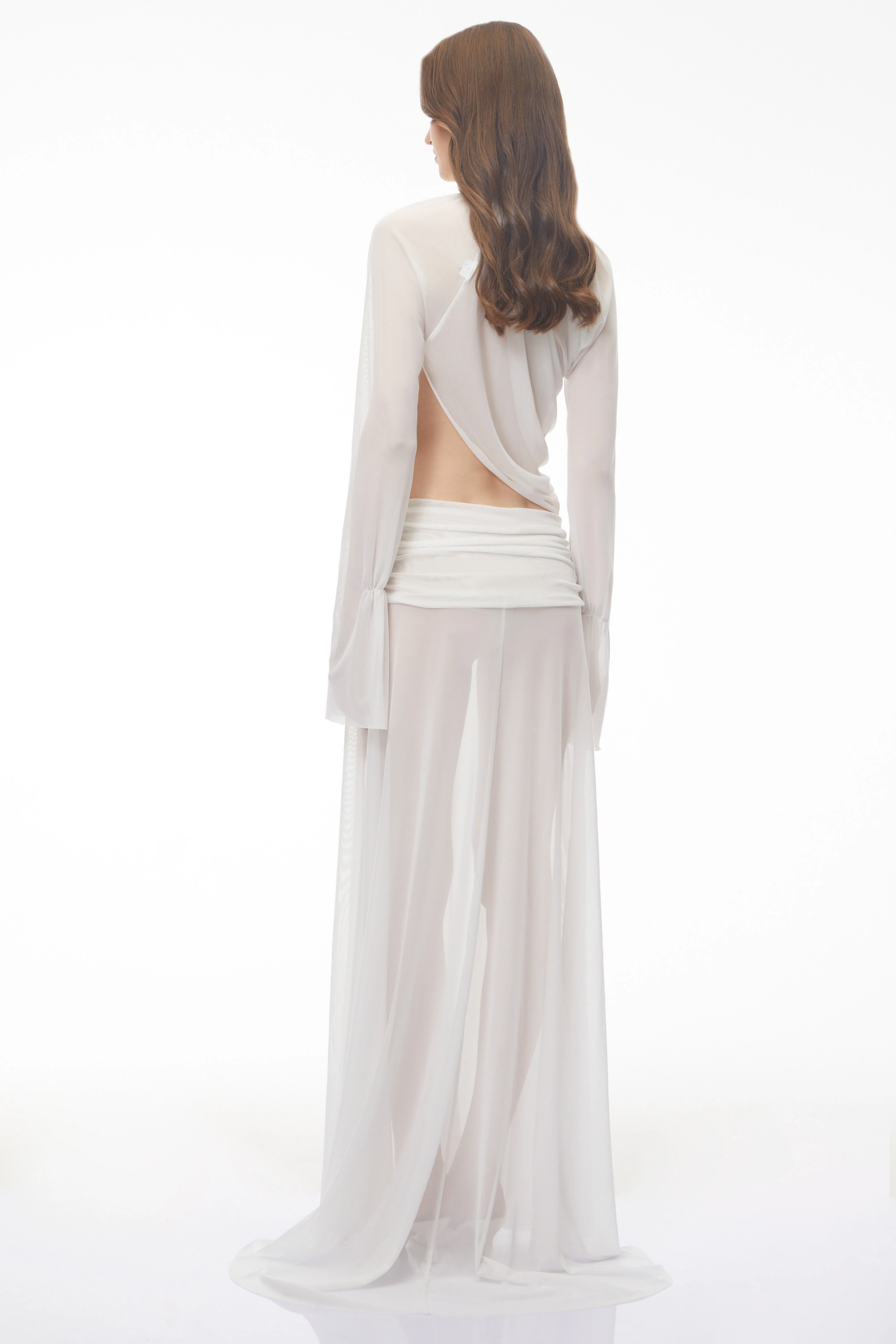White Chiffon Maxi Dress with High Neck, Side Cut-Out, and High Leg Slit