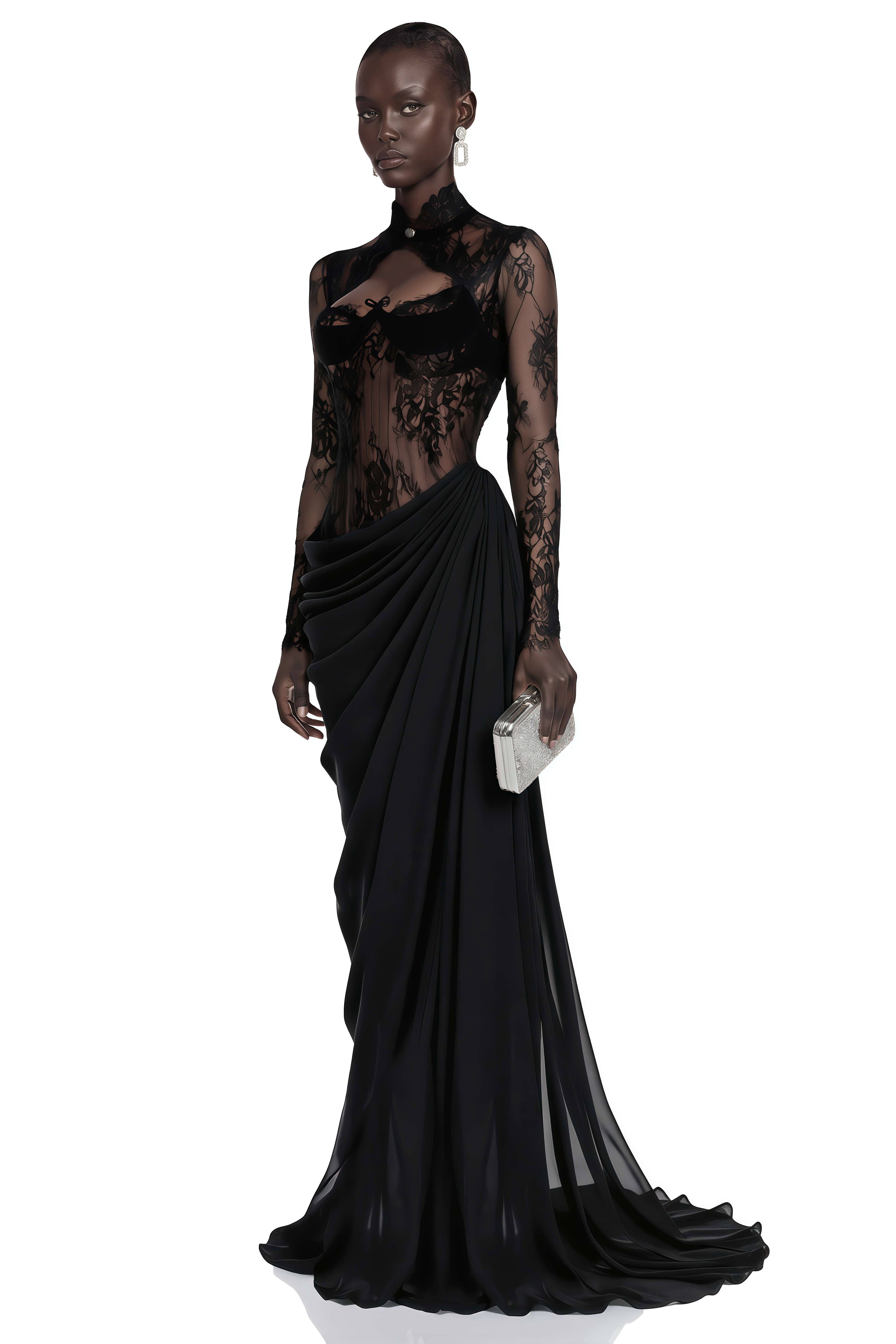 Gracie Black Ruched Maxi Dress with Lace Panels