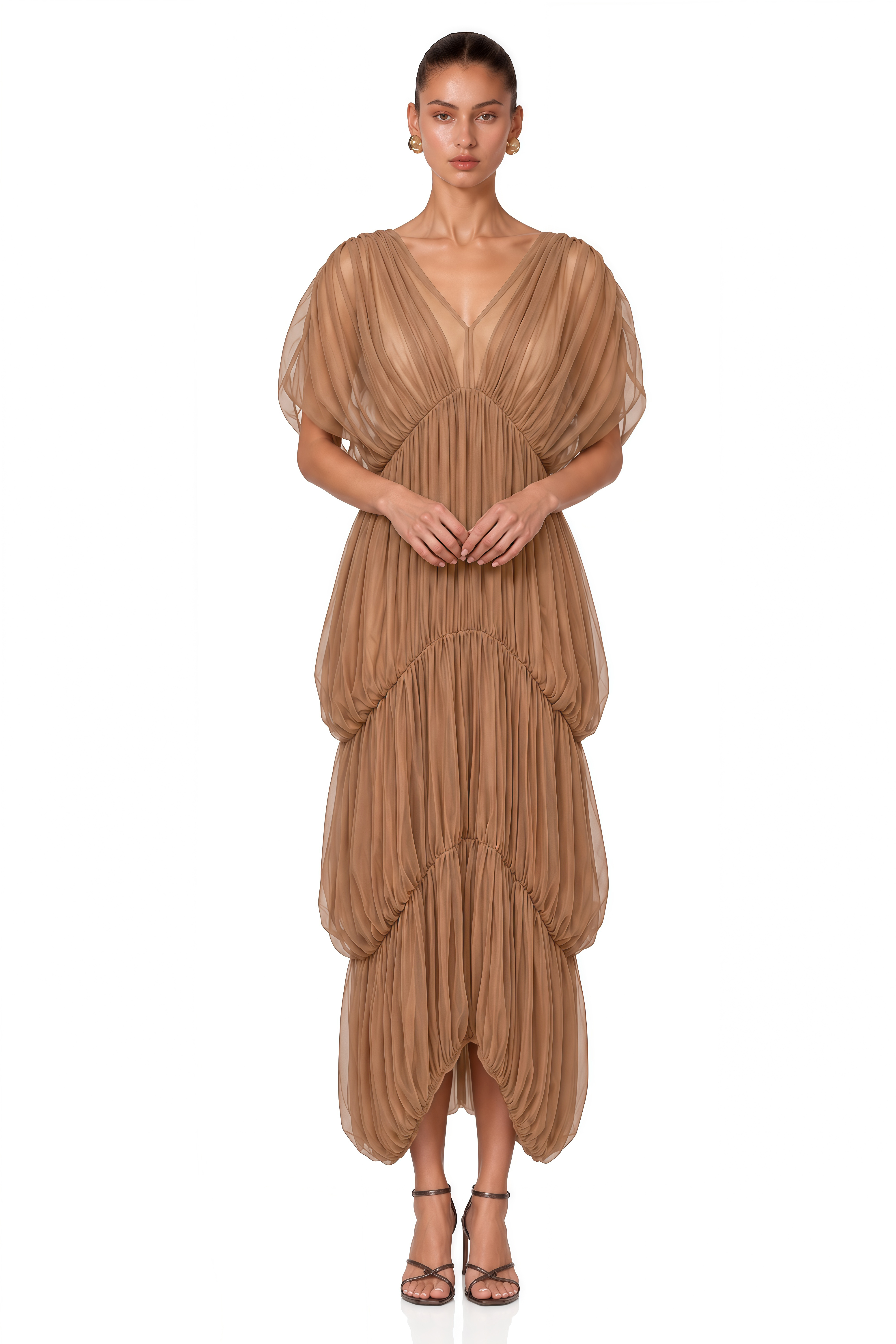 Gracie Brown Plunge Pleated Draped Maxi Dress