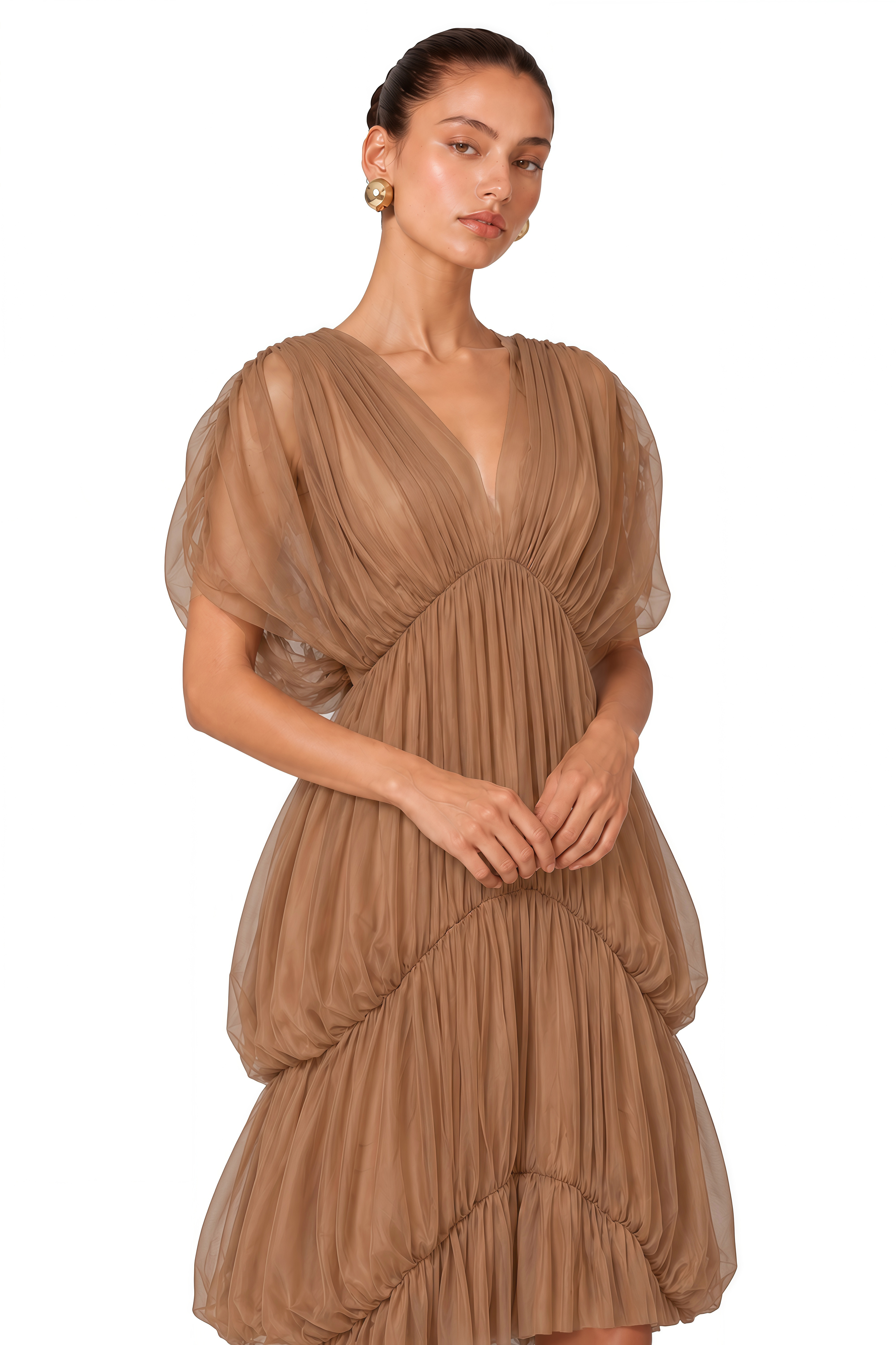 Gracie Brown Plunge Pleated Draped Maxi Dress