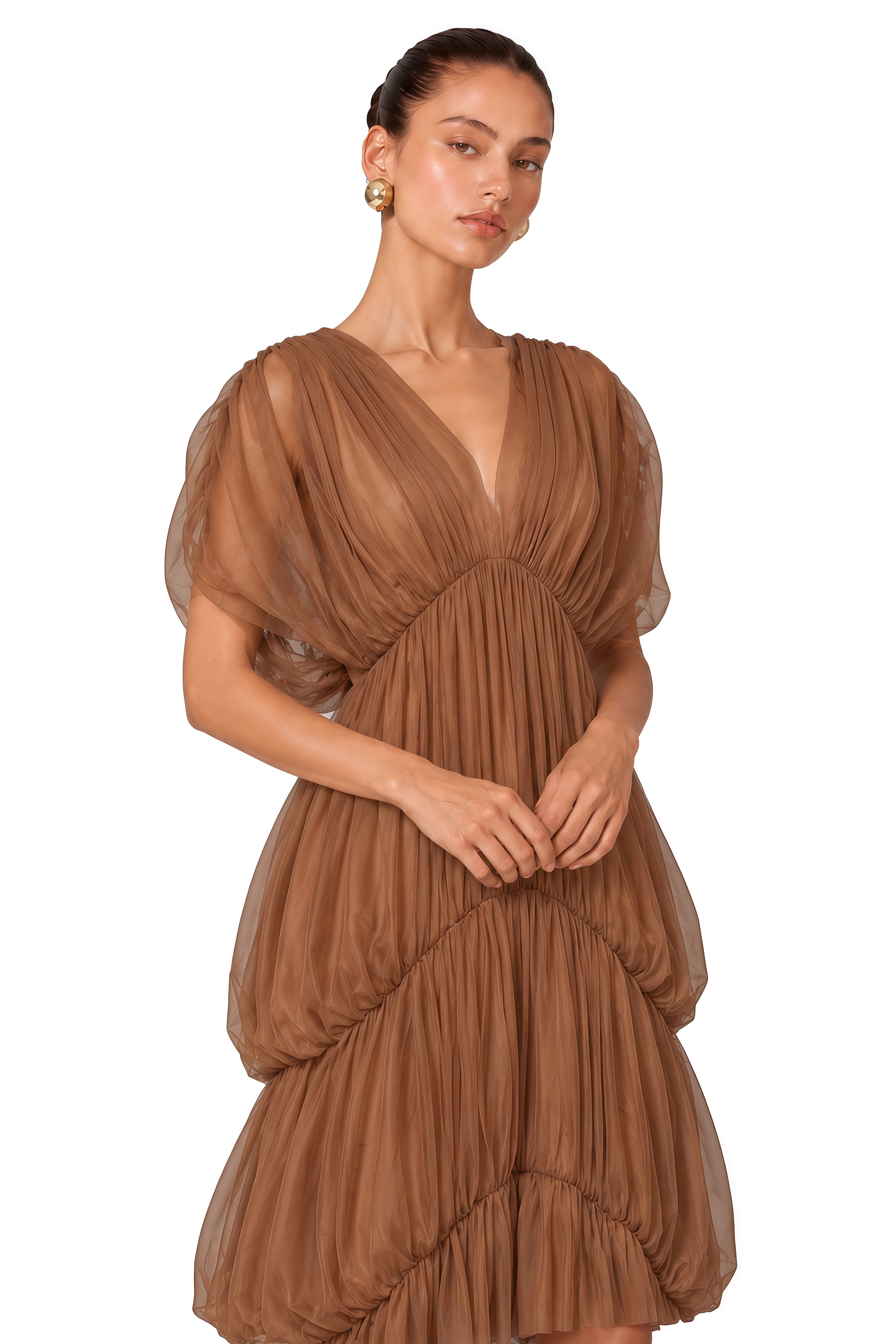 Gracie Brown Plunge Pleated Draped Maxi Dress