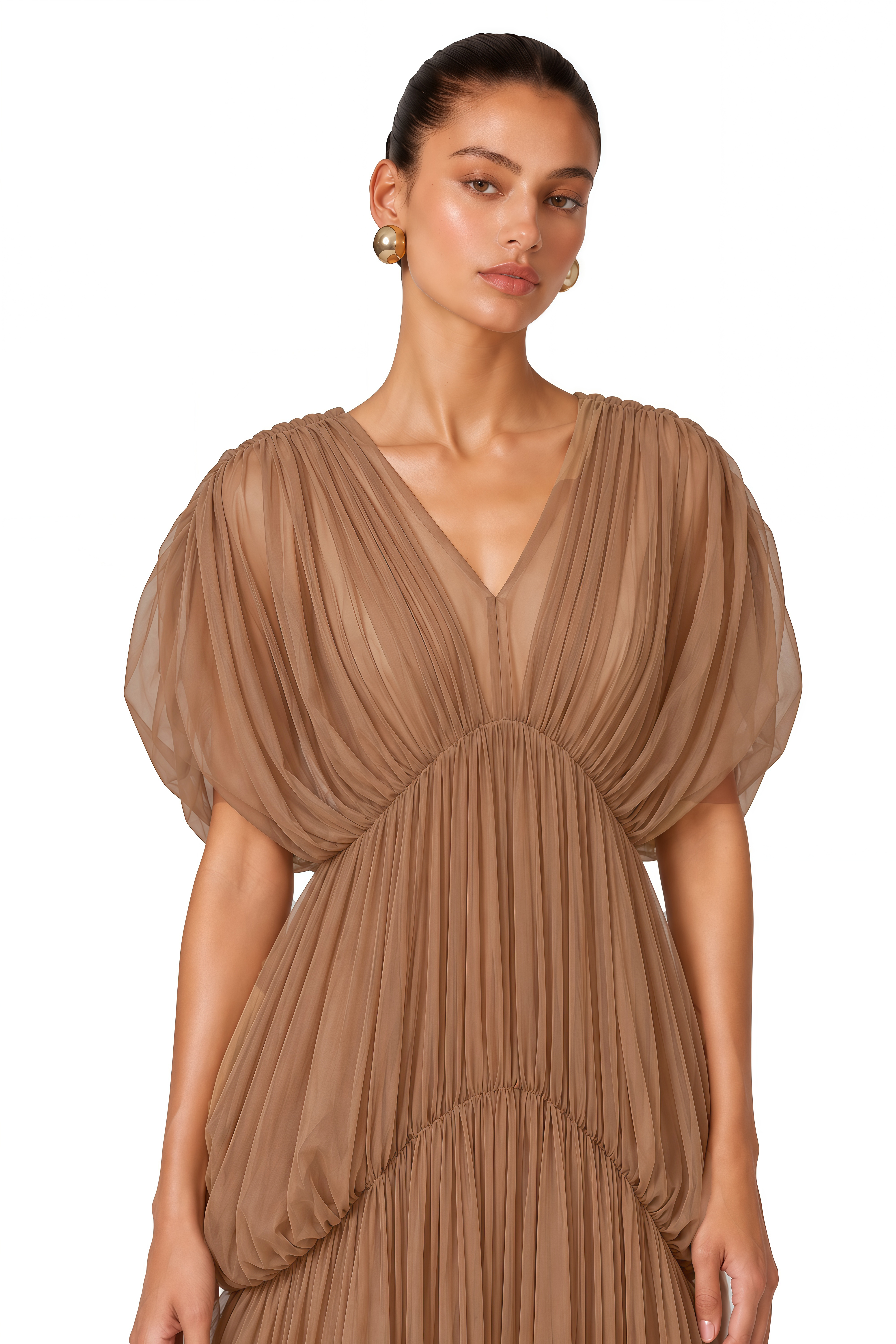 Gracie Brown Plunge Pleated Draped Maxi Dress