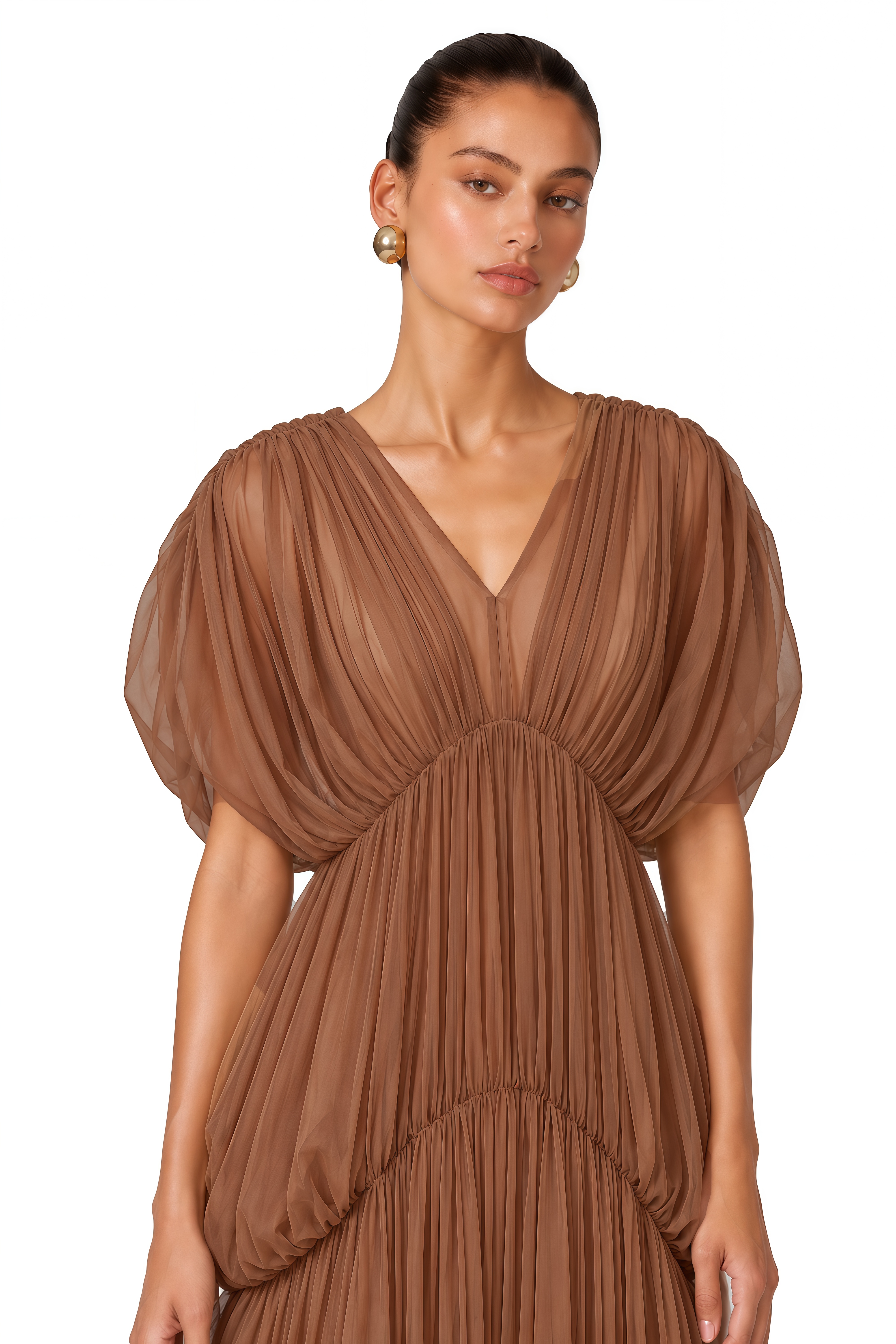 Gracie Brown Plunge Pleated Draped Maxi Dress