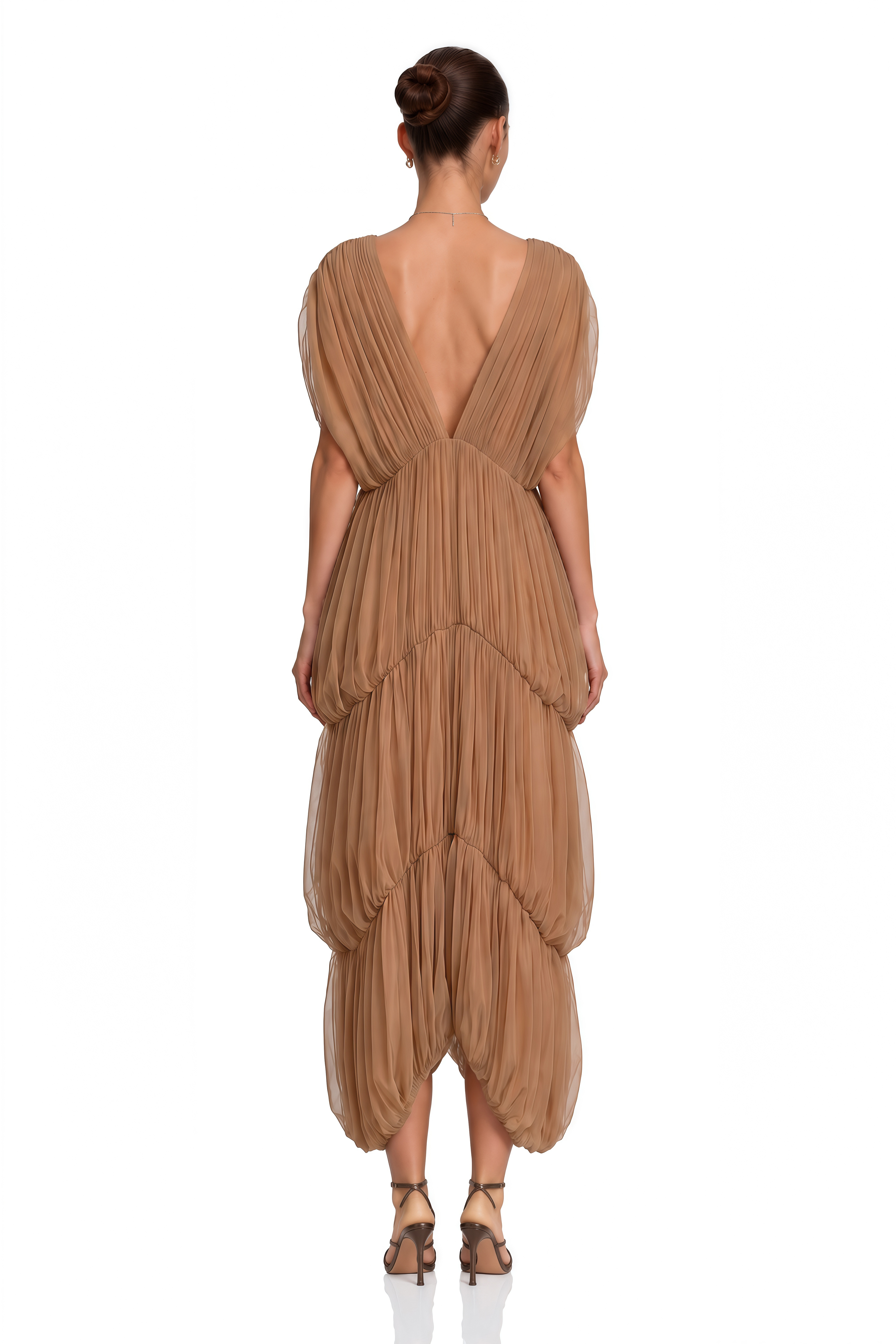 Gracie Brown Plunge Pleated Draped Maxi Dress