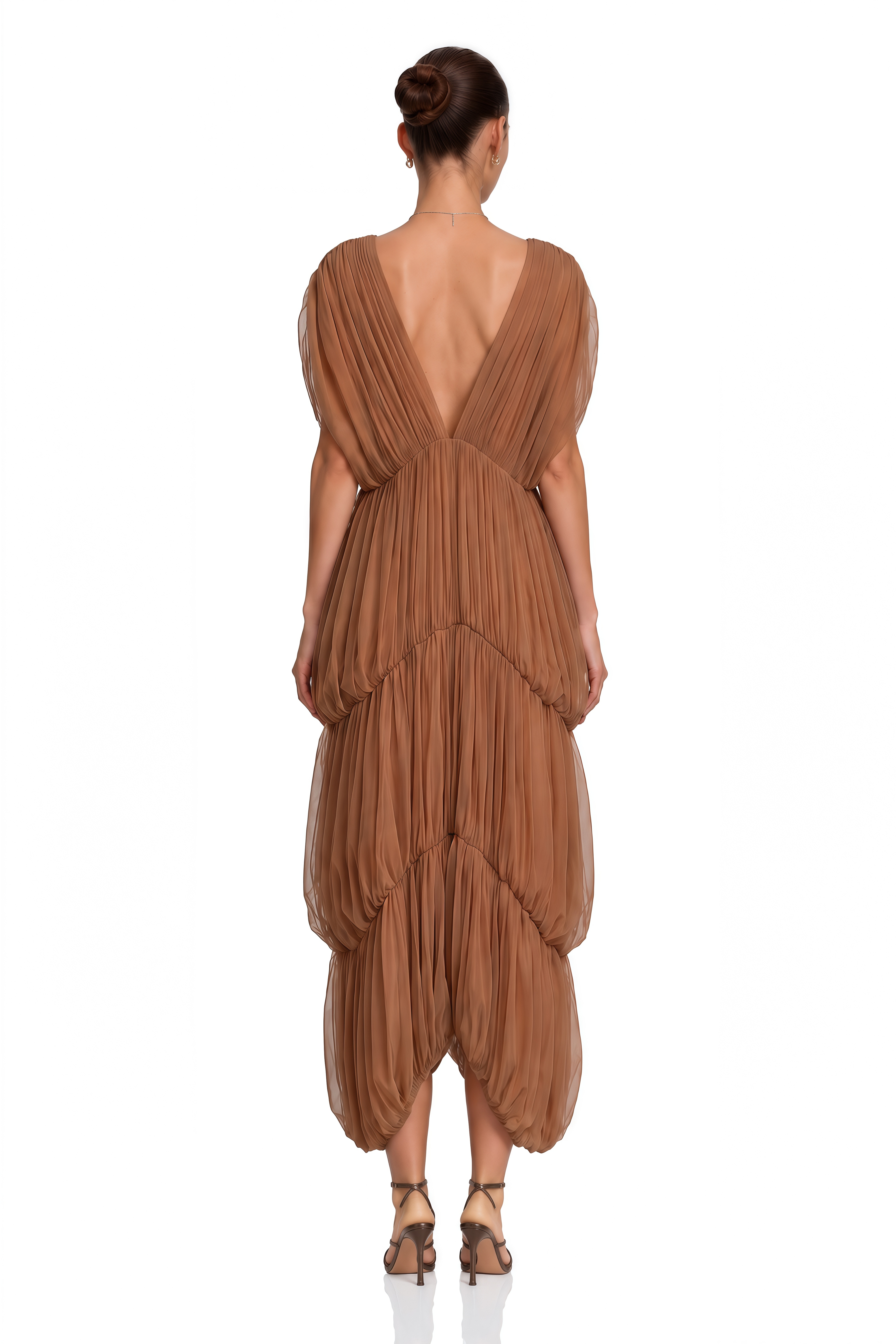 Gracie Brown Plunge Pleated Draped Maxi Dress