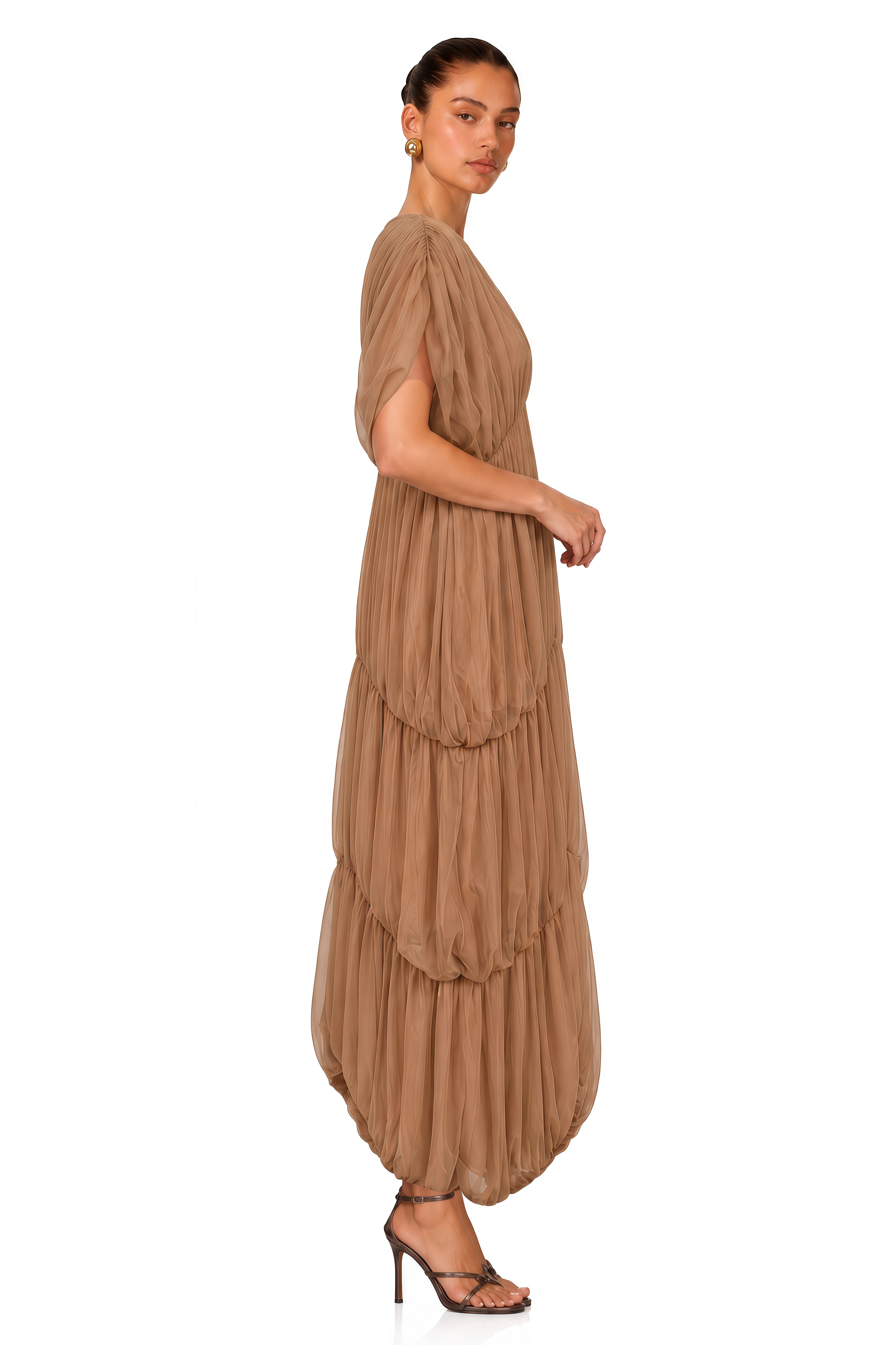 Gracie Brown Plunge Pleated Draped Maxi Dress