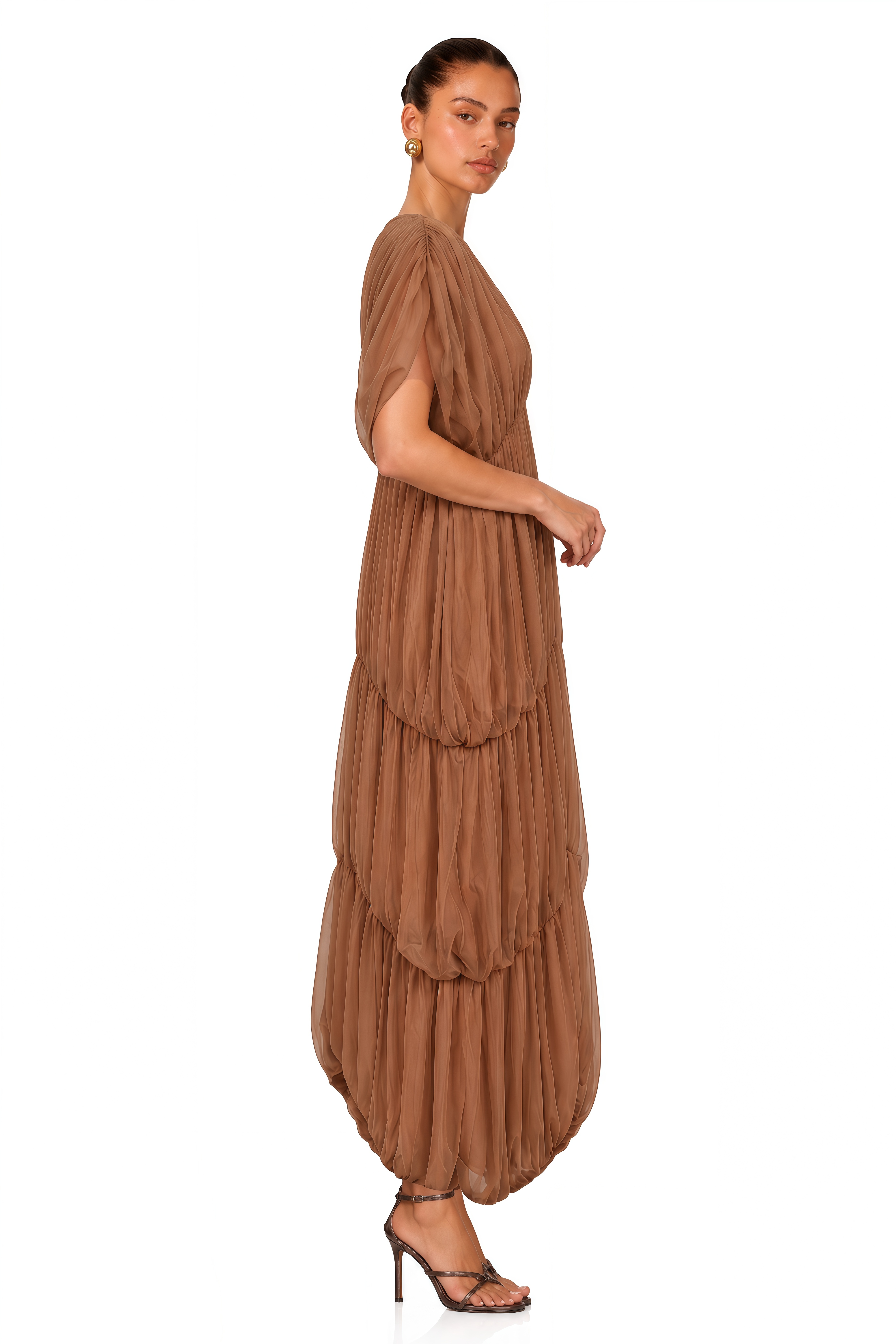 Gracie Brown Plunge Pleated Draped Maxi Dress