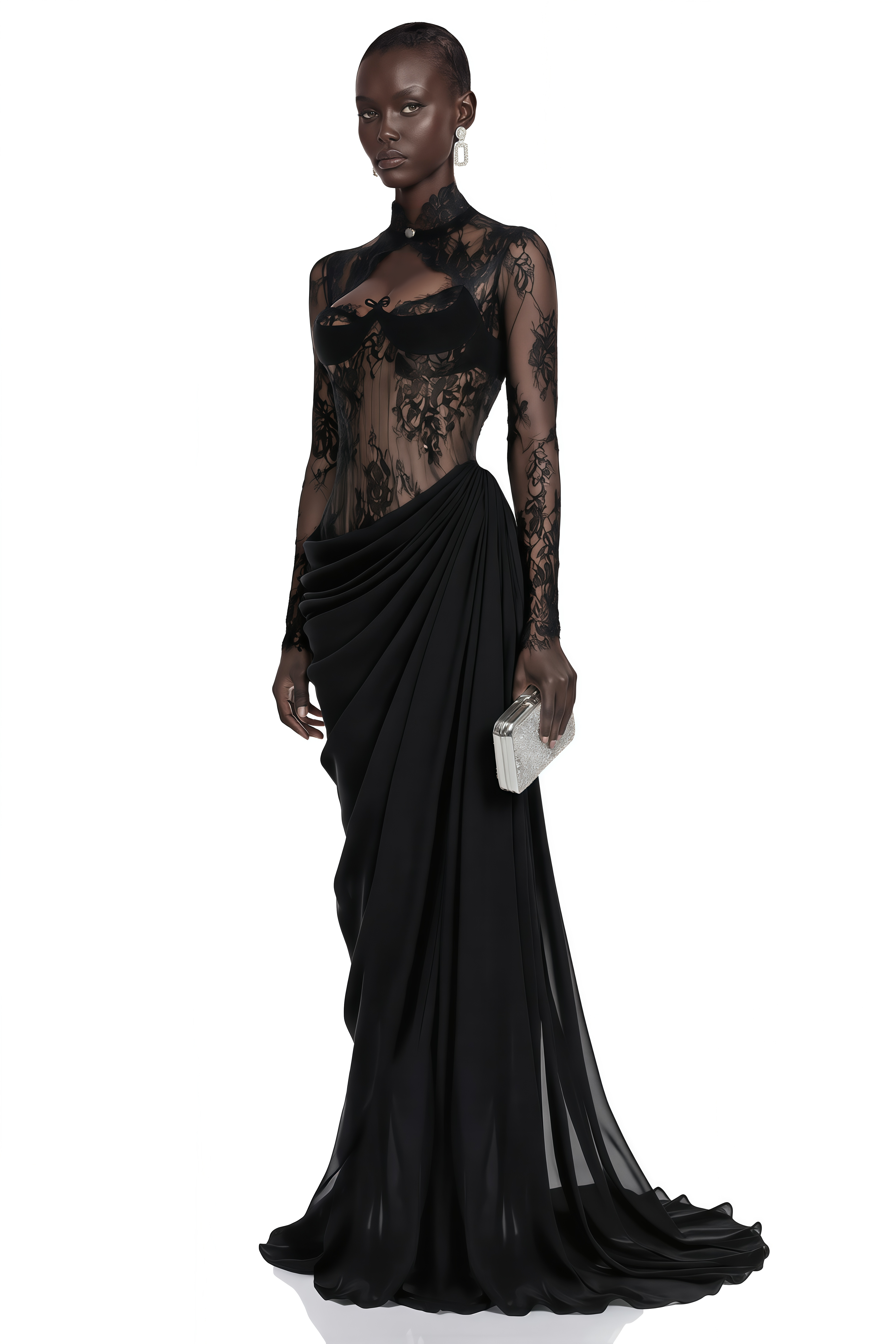 Gracie Black Ruched Maxi Dress with Lace Panels