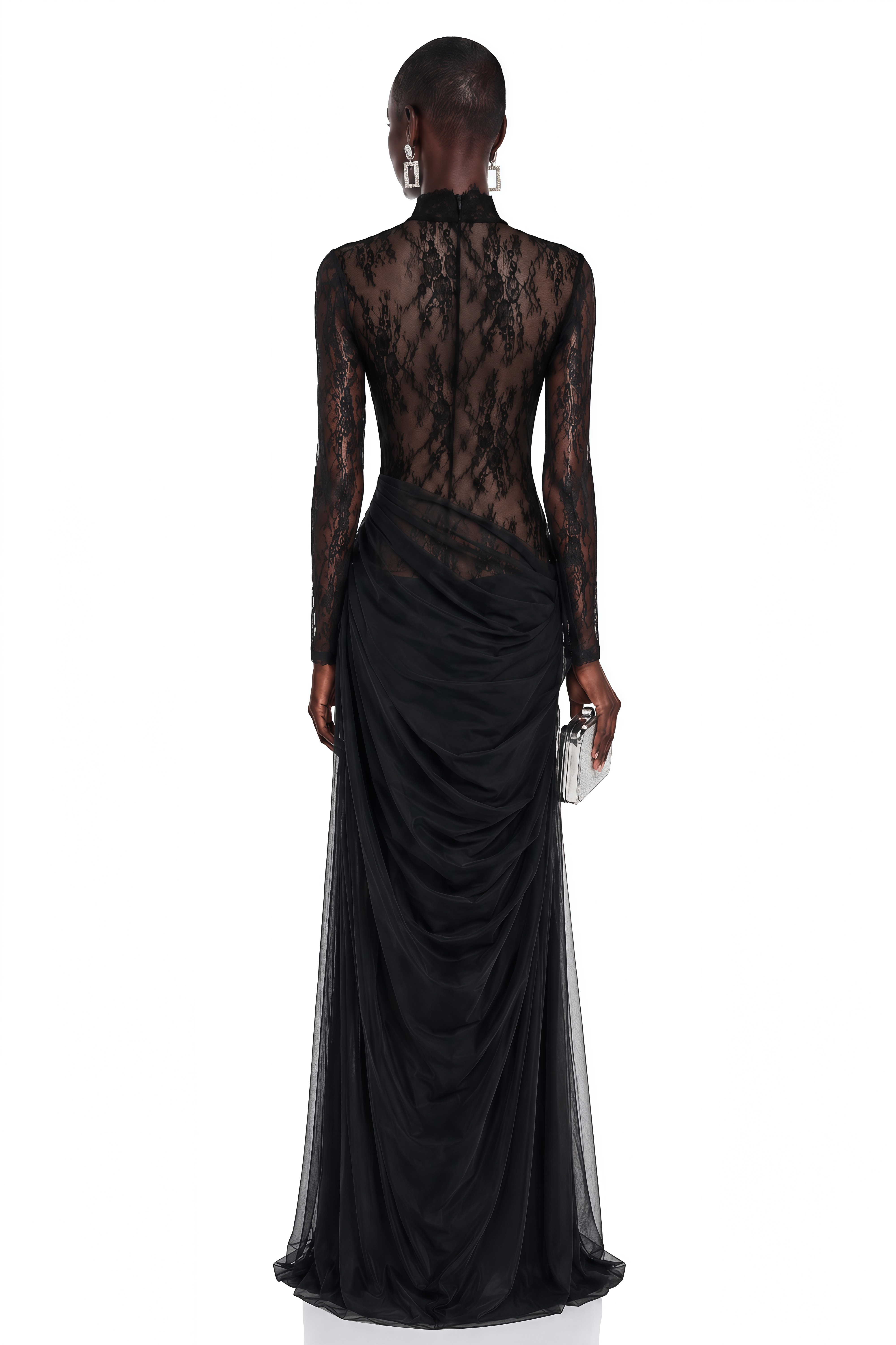 Gracie Black Ruched Maxi Dress with Lace Panels