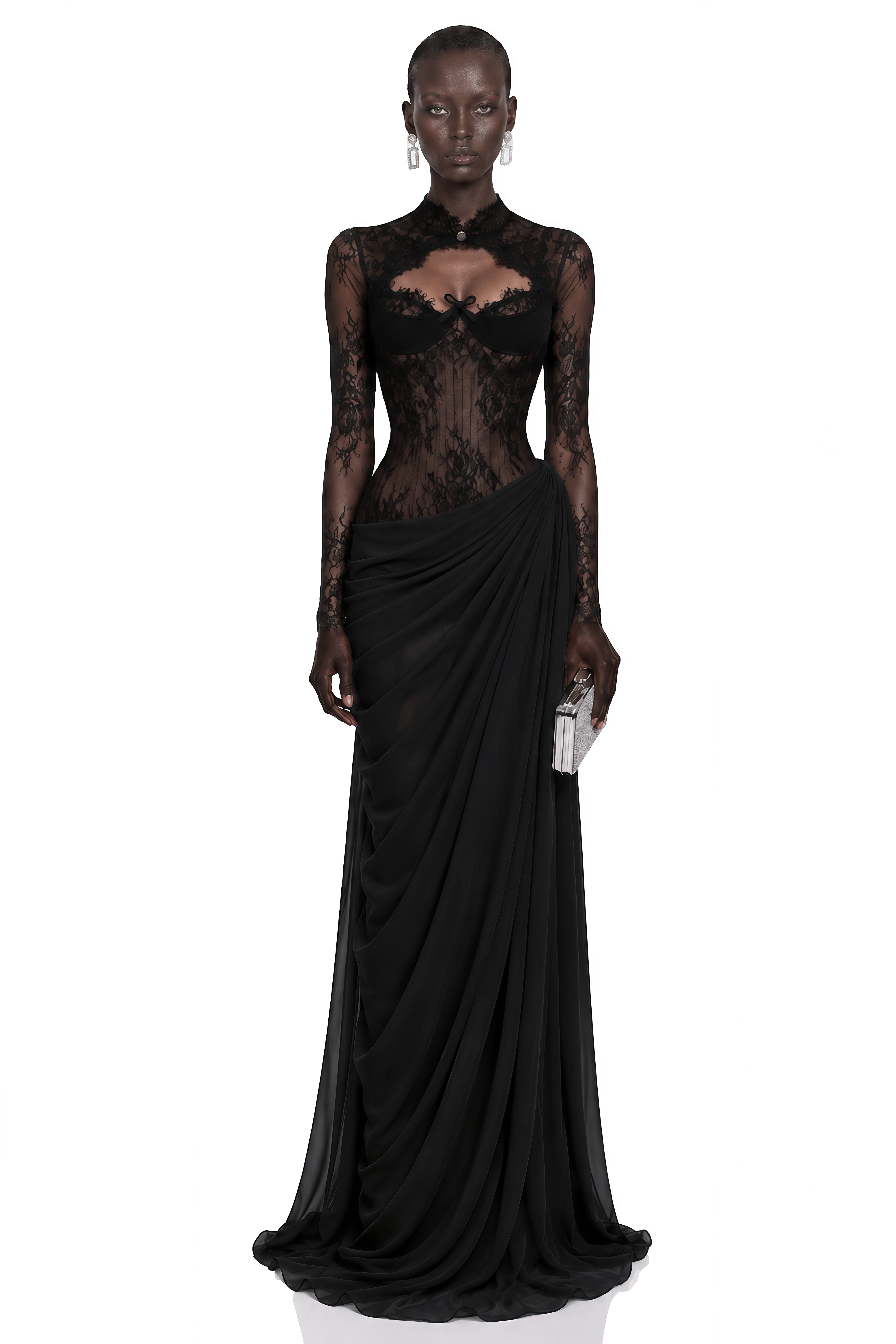 Gracie Black Ruched Maxi Dress with Lace Panels