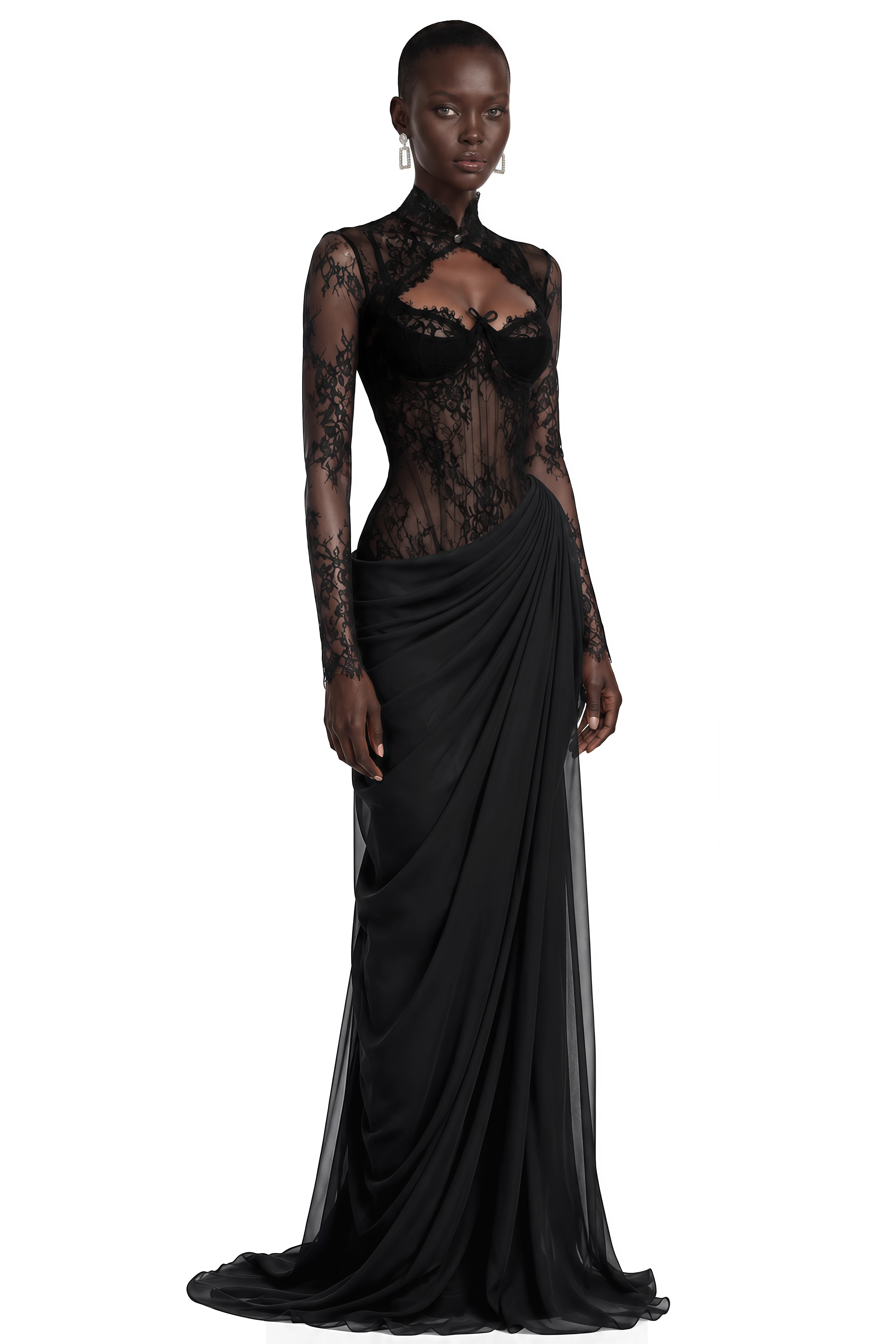 Miss rosier ブラック　ロングドレス Gracie Black Ruched Maxi Dress with Lace Panels – Miss Rosier