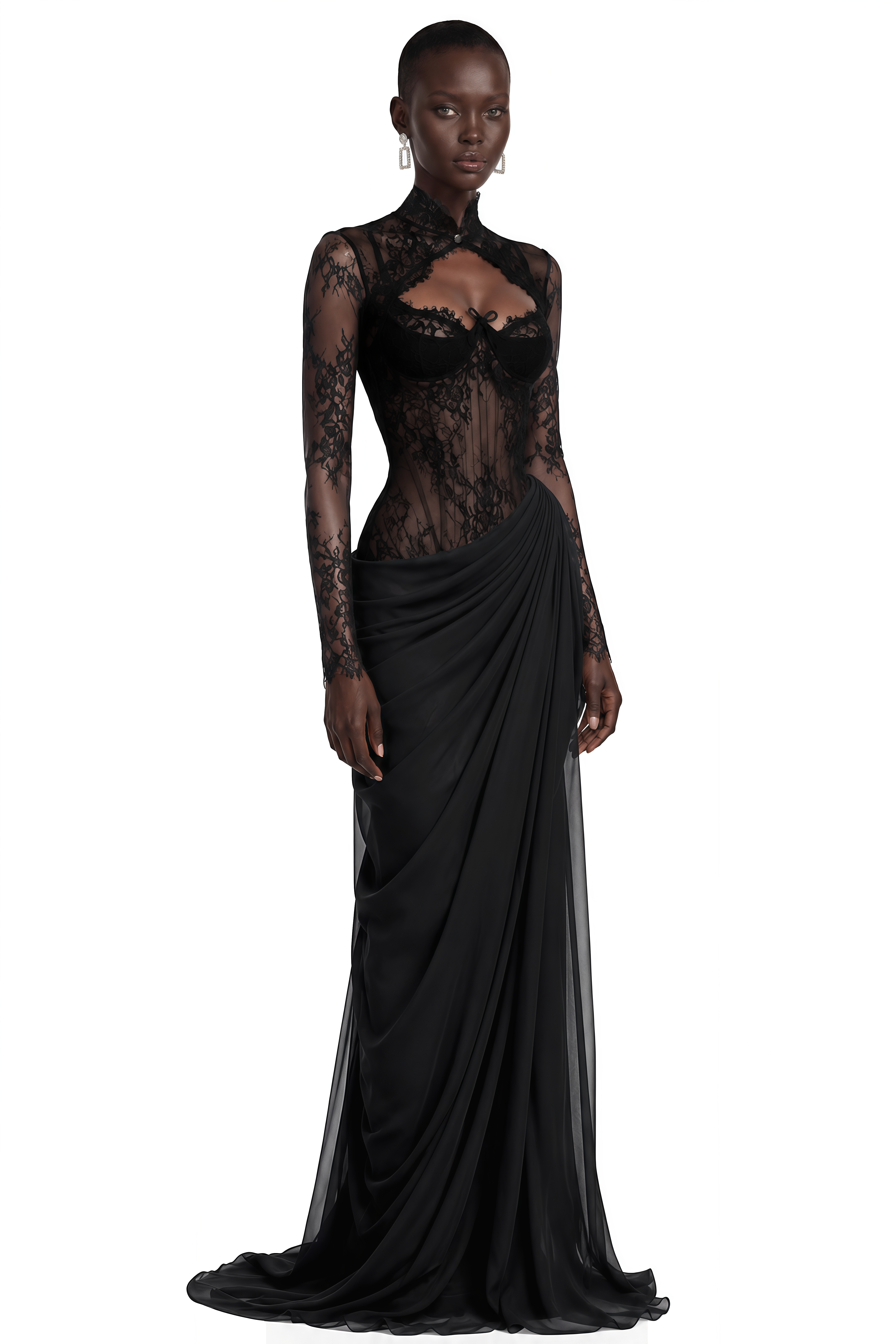 Gracie Black Ruched Maxi Dress with Lace Panels