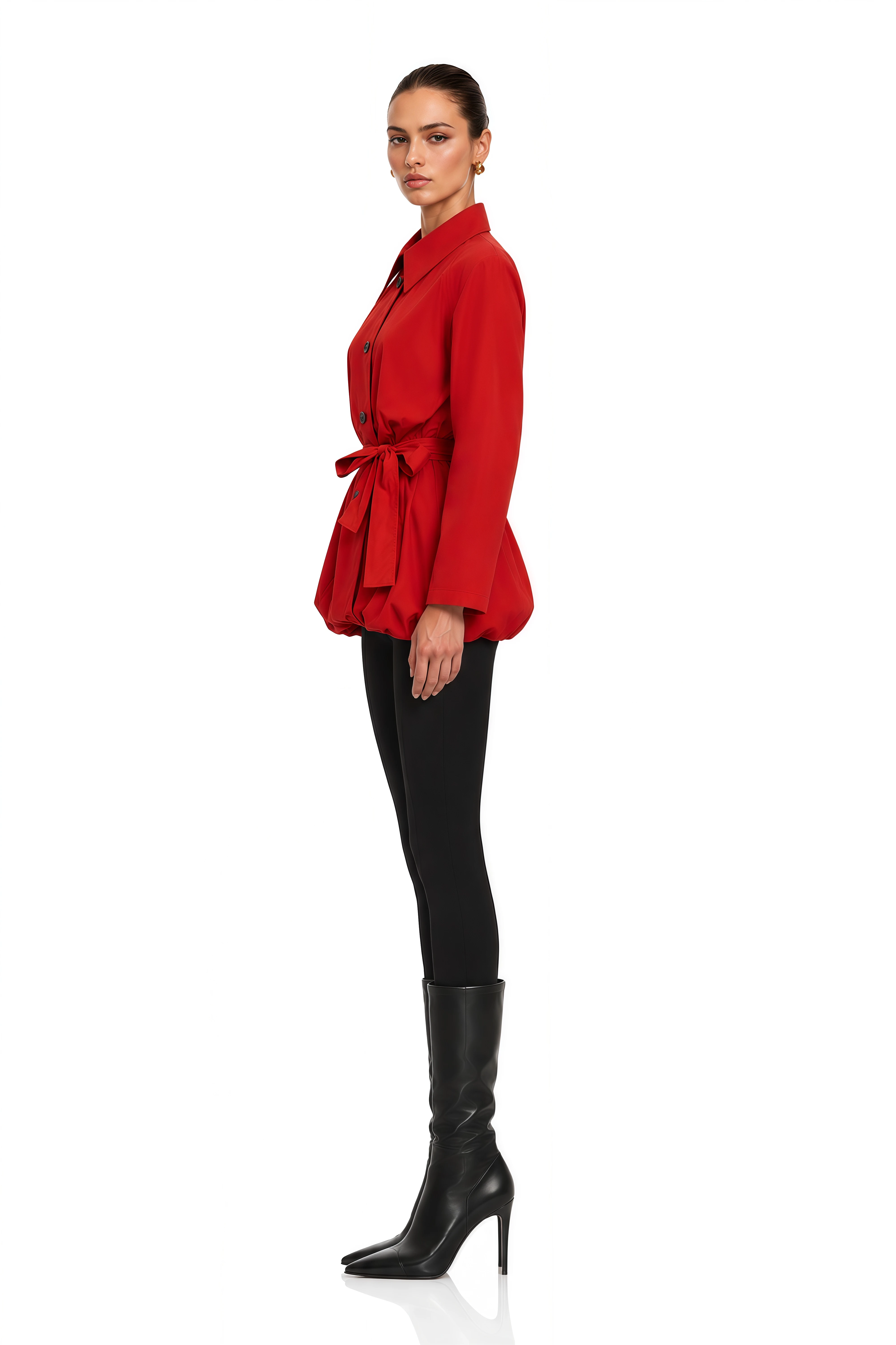 Gwennan Red Puff Sleeve Belted Bubble Jacket